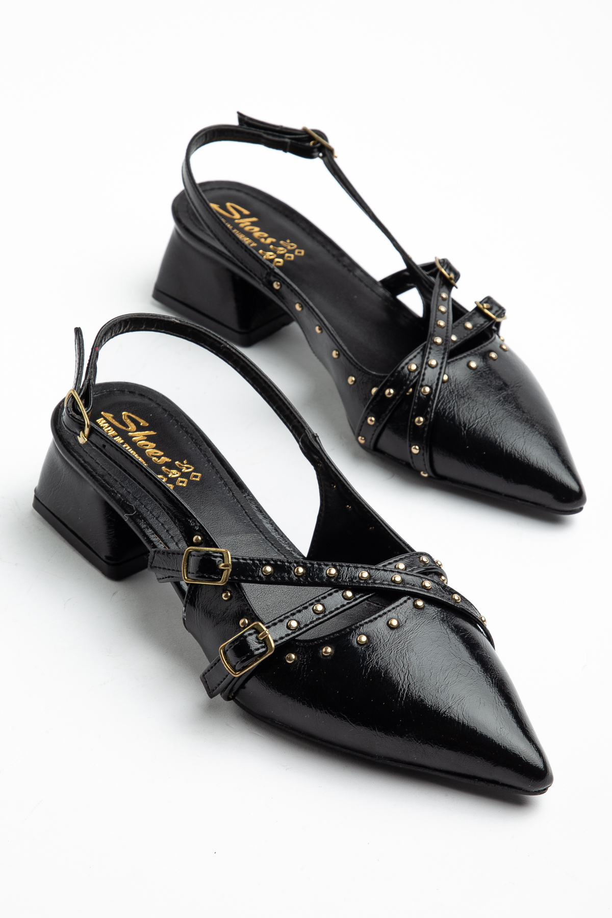 Women's Black Stone Patterned Short Heeled Shoes with Cross Strap