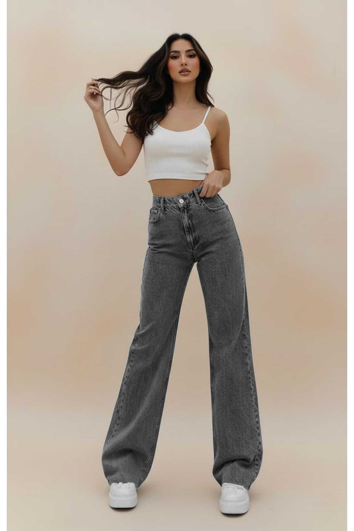 Cesy Women's Smoked Palazzo Jeans Loose Fit Anthracite Lycra Jeans