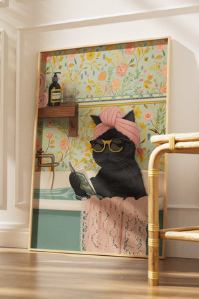 Yoko Home Ahşap Çerçeveli Tablo, Küvette Gazete Okuyan Kedi, Eğlenceli Modern...