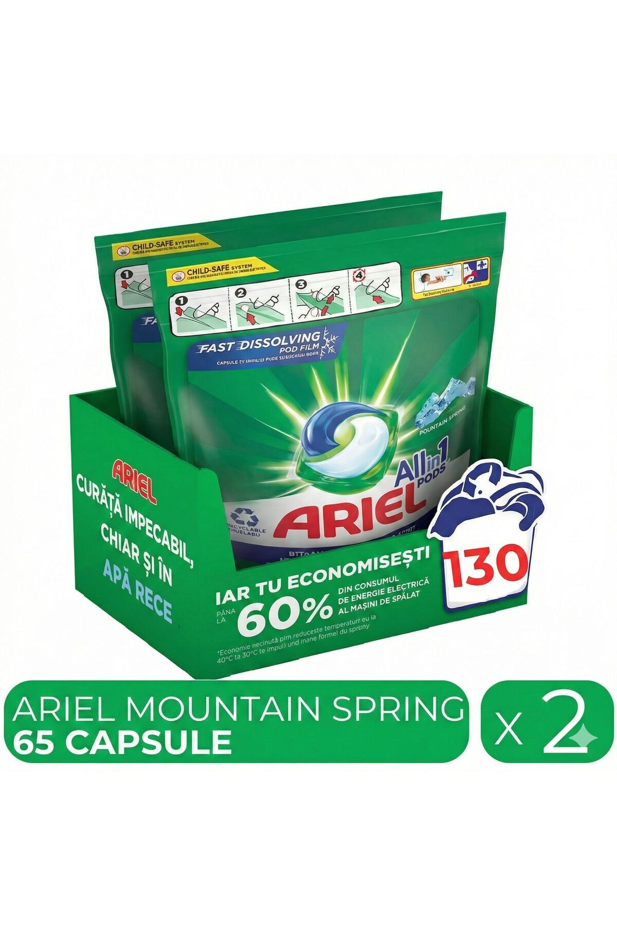 Ariel All In One Mountain Spring, Detergent Rufe Automat, 2 Pachete X 65 Caps...