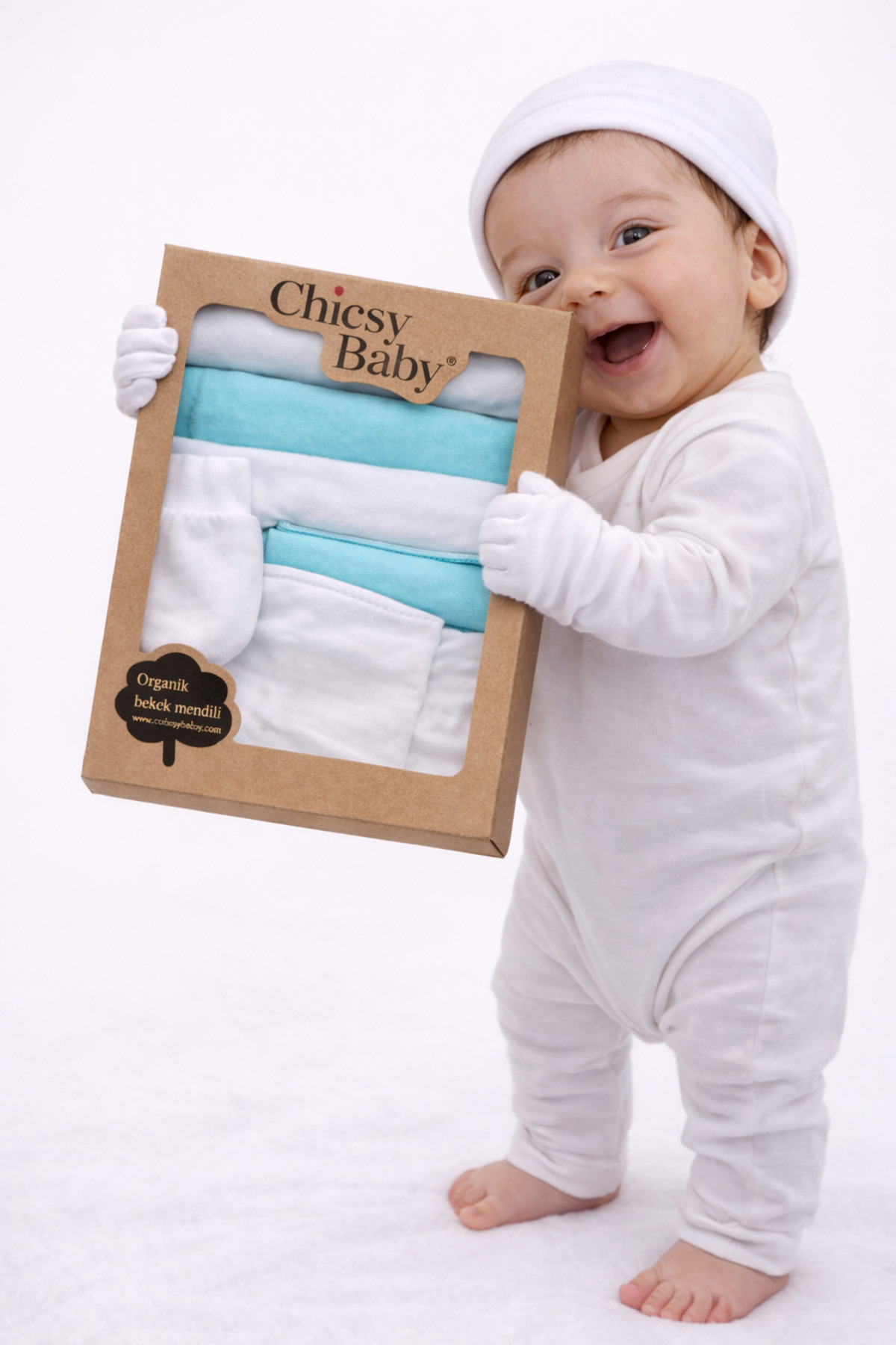 Chicsy Baby %100 Pamuklu Bebek Ağız Mendili 2 çift Takım Eldiven Yumuşak Yenidoğan Set fotoğrafı 3 (önizleme)