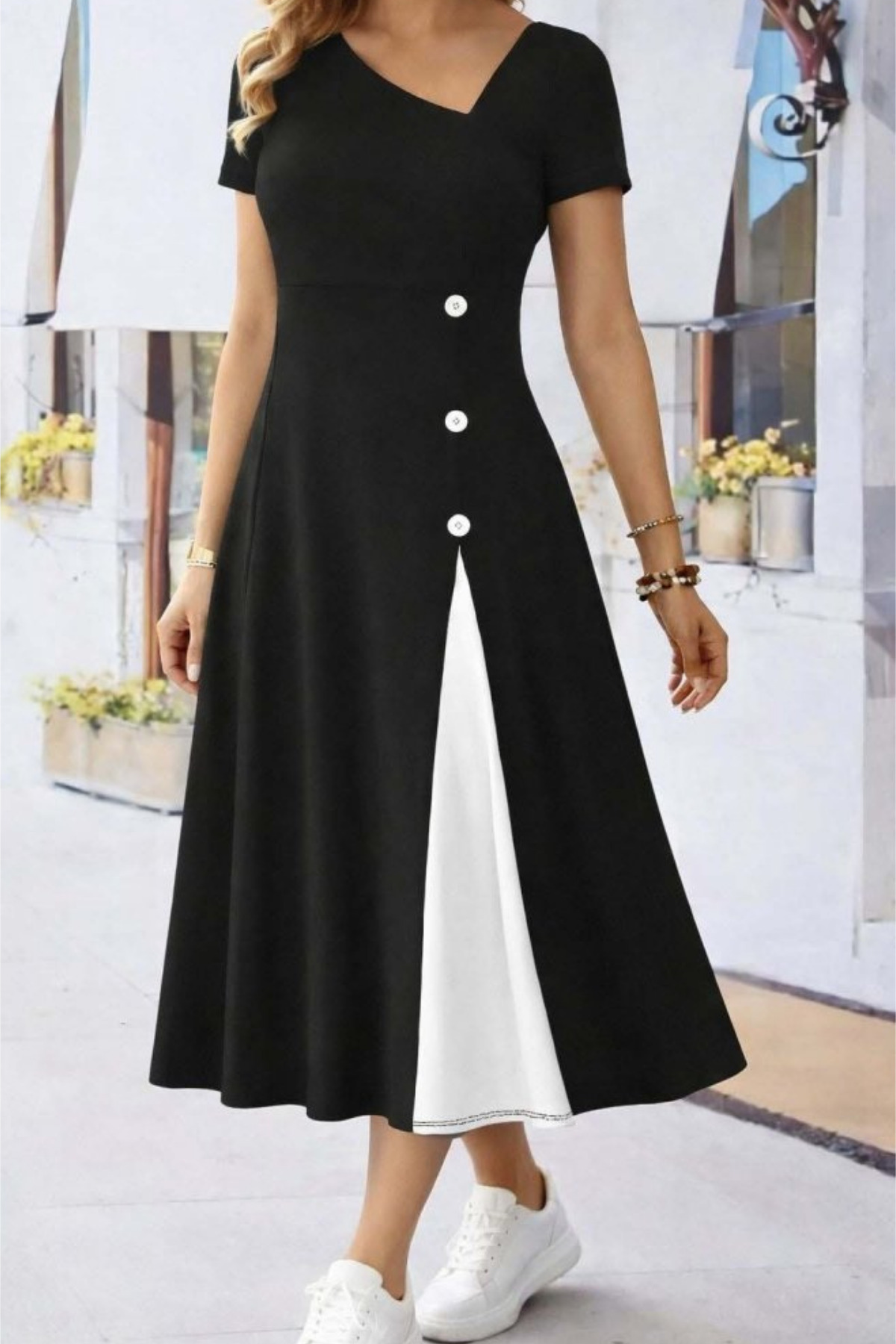 Viyamo  Yeni Sezon Kadın Kısa Kollu Asimetrik Yakalı Düğme Detaylı Midi Viskon Elbise - Görsel 4