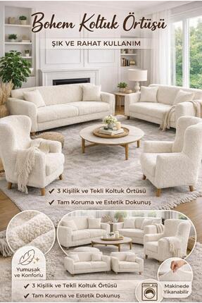 Hazineci Bey Bohem Kumaş Krem Lastikli Koltuk Örtüsü 3+3+1+1 Takımı Esnek Las...