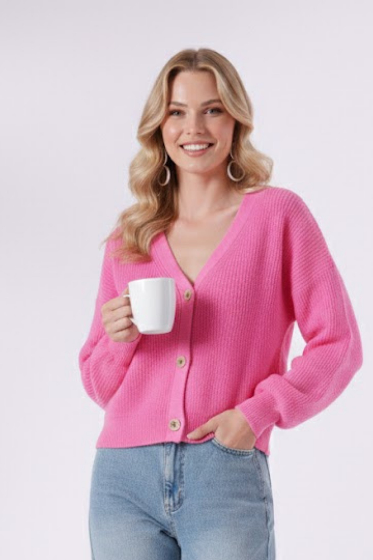 Devinka  Kadın Şeker Pembe 3 Düğmeli V Yaka Hırka - Görsel 4