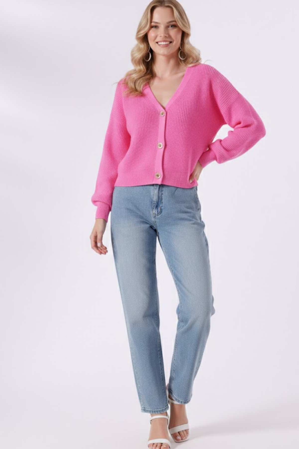 Devinka  Kadın Şeker Pembe 3 Düğmeli V Yaka Hırka - Görsel 3