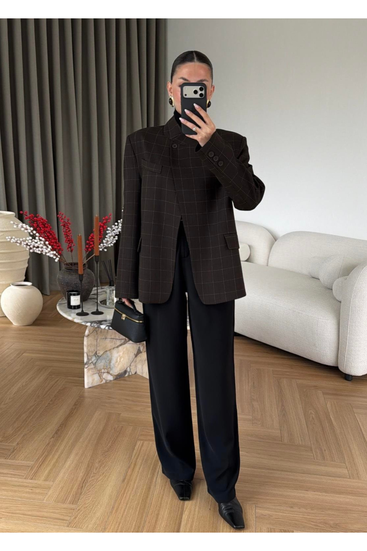 My Blog  Kahverengi Dik Yakalı Ekose Ceket - 4103 - Görsel 8