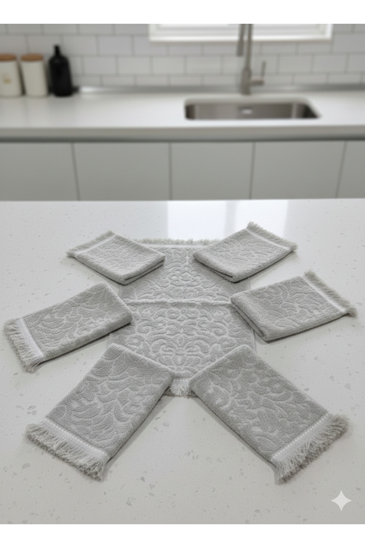 6 PCS GREY COLOR 30-50 CM KITCHEN TOWELS WITH FRINGES & HAND FACE TOWEL SET