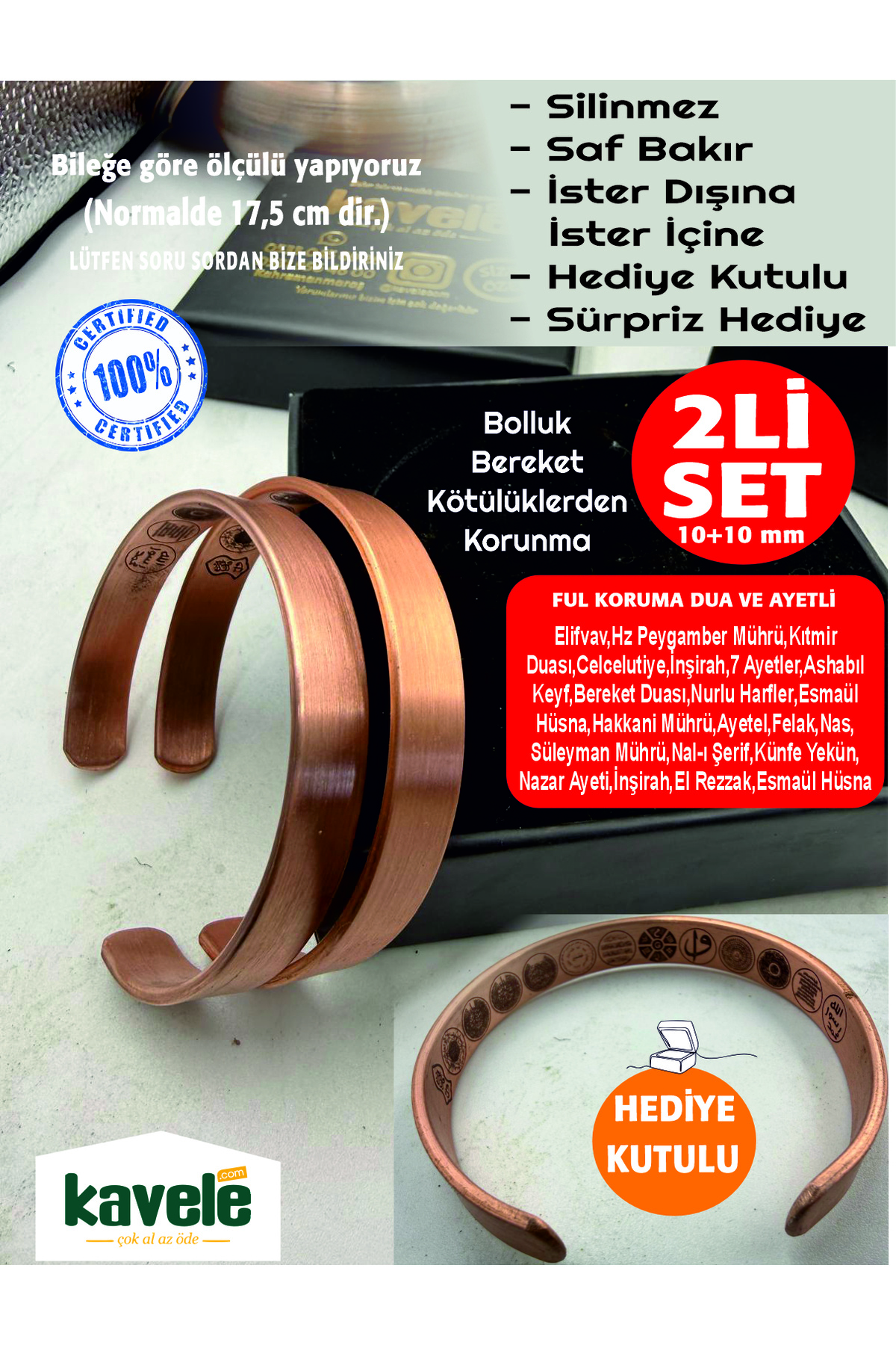 Ham saf bakır Dışı Düz İçi Ayetli Bakır Bileklik-Hediyelik Kutuda-Ayetel Kürsi,Felak,Nas,Nazar v.b