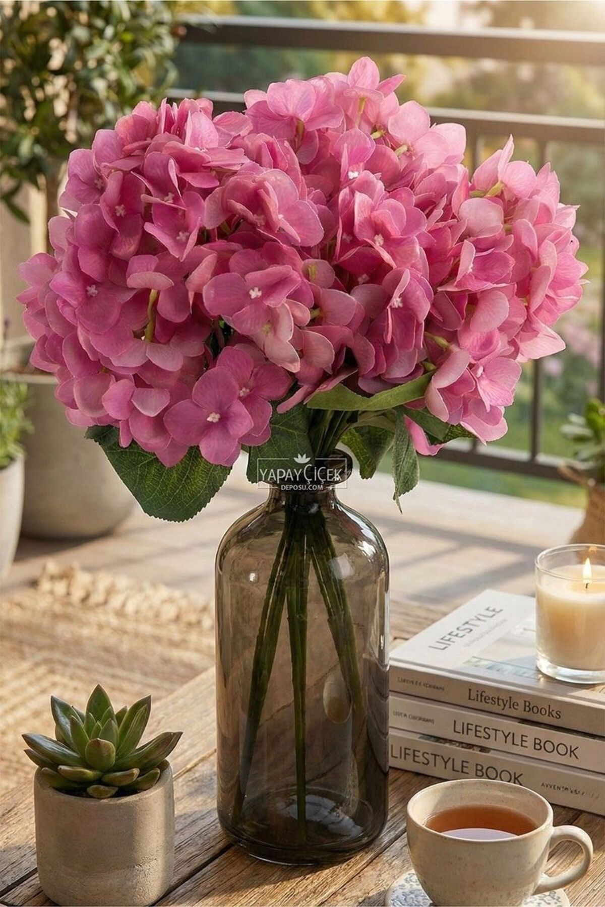 Artificial Flower 5 Branches Wet Veined Hydrangea Bunch 45 cm Fuchsia