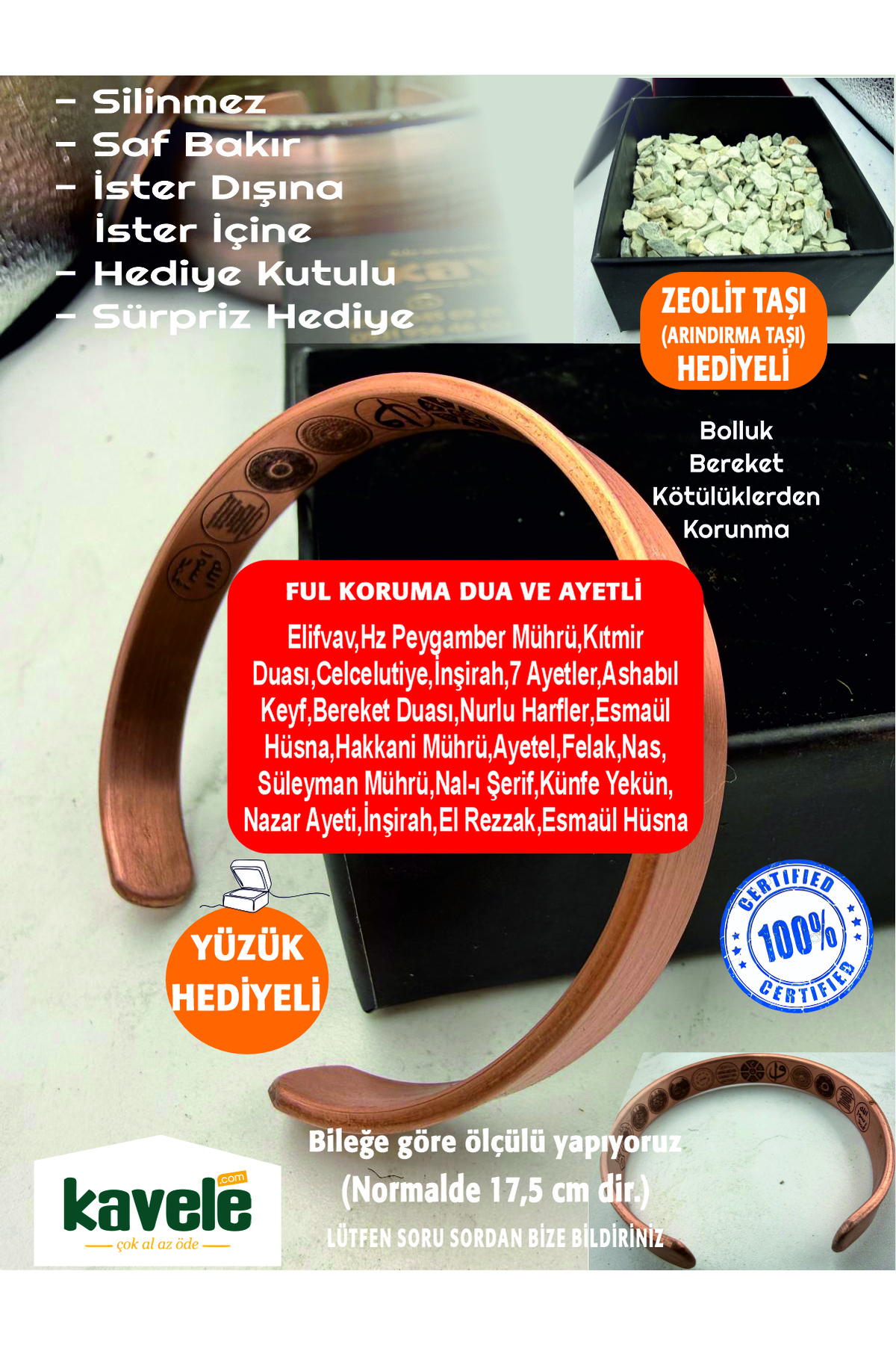 Ham saf bakır Dışı Düz İçi Ayetli Bakır Bileklik-Hediyelik Kutuda-Ayetel Kürsi,Felak,Nas,Nazar v.b