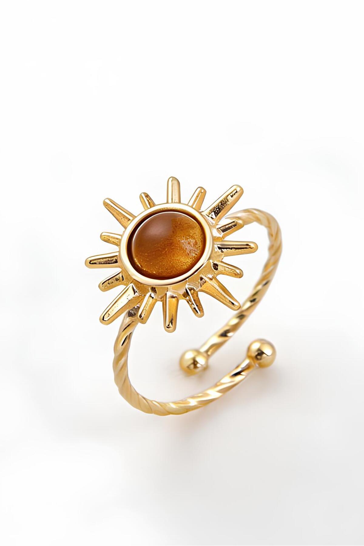 The Collection 3'lü Kombin Kahverengi Taşlı Gold Vintage Ayarlanabilir Yüzük Set görsel 5