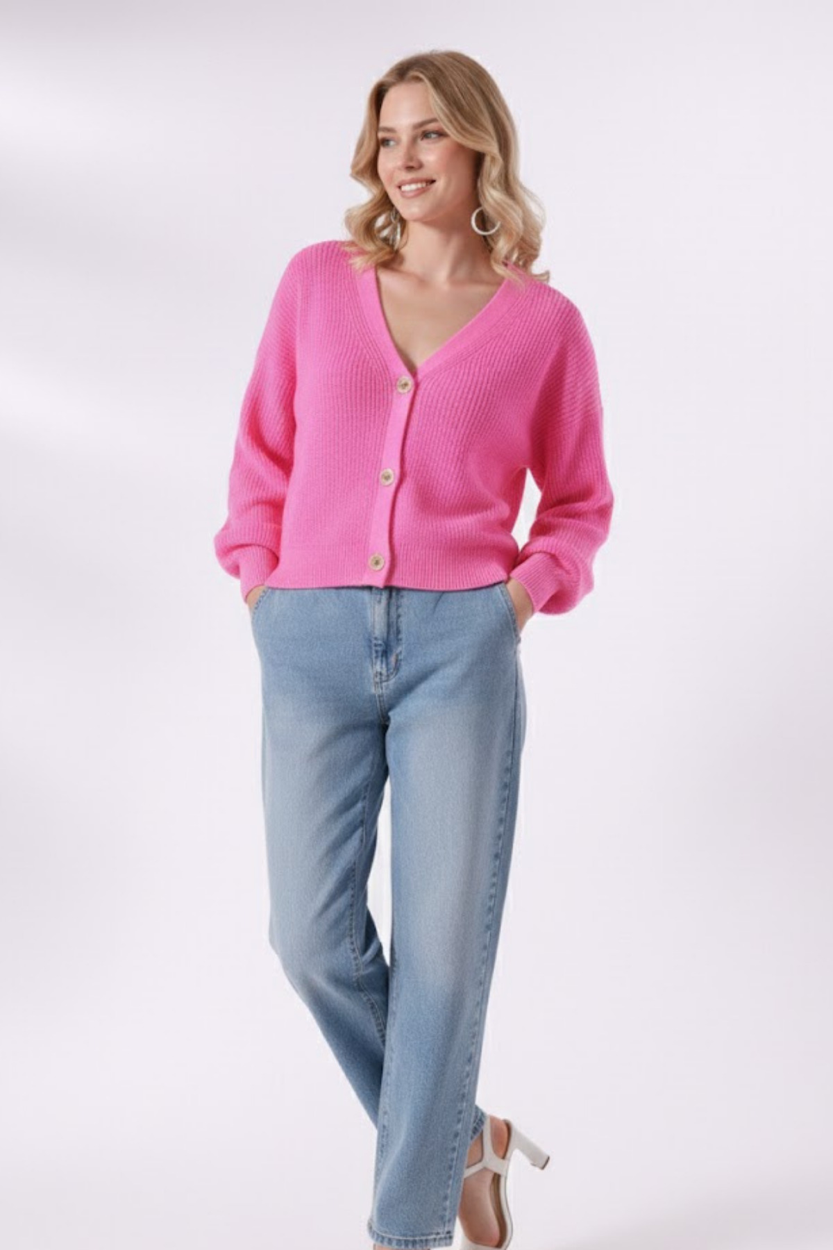 Devinka  Kadın Şeker Pembe 3 Düğmeli V Yaka Hırka - Görsel 5