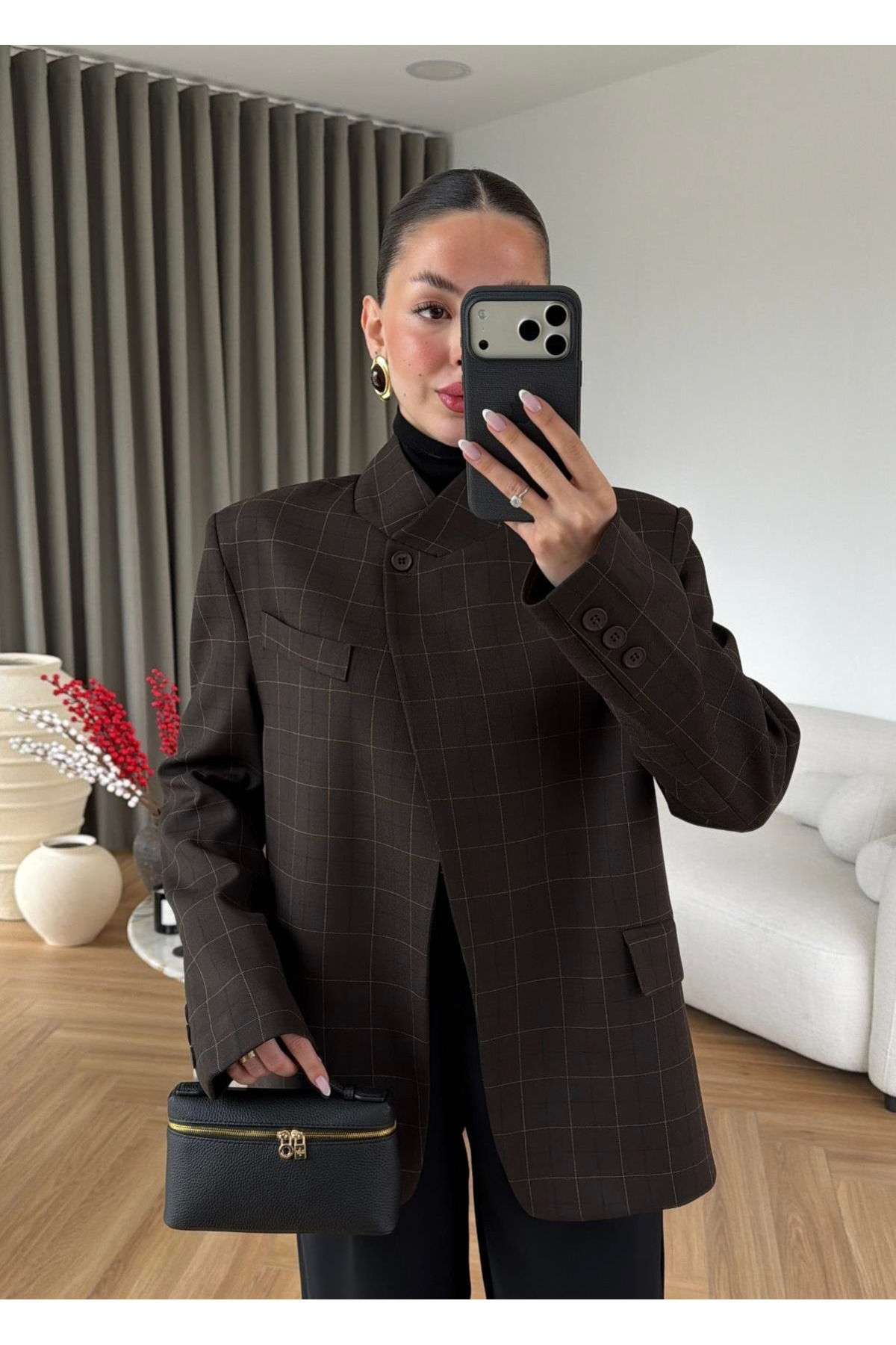 My Blog  Kahverengi Dik Yakalı Ekose Ceket - 4103 - Görsel 2