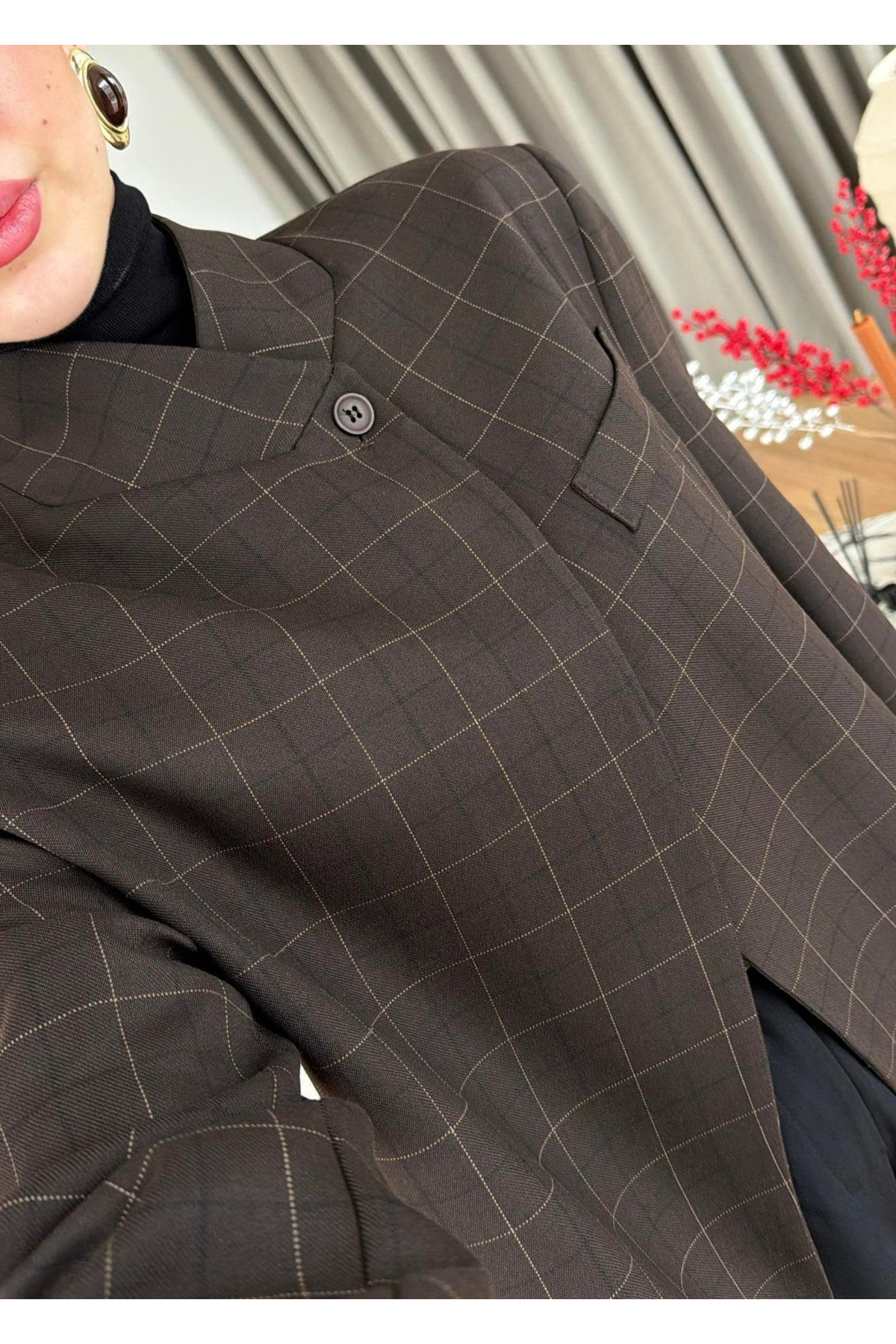 My Blog  Kahverengi Dik Yakalı Ekose Ceket - 4103 - Görsel 3