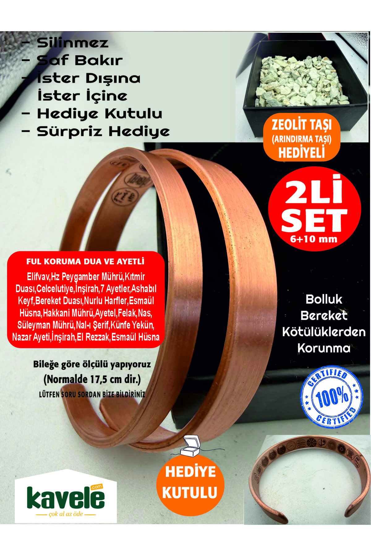 Ham saf bakır Dışı Düz İçi Ayetli Bakır Bileklik-Hediyelik Kutuda-Ayetel Kürsi,Felak,Nas,Nazar v.b