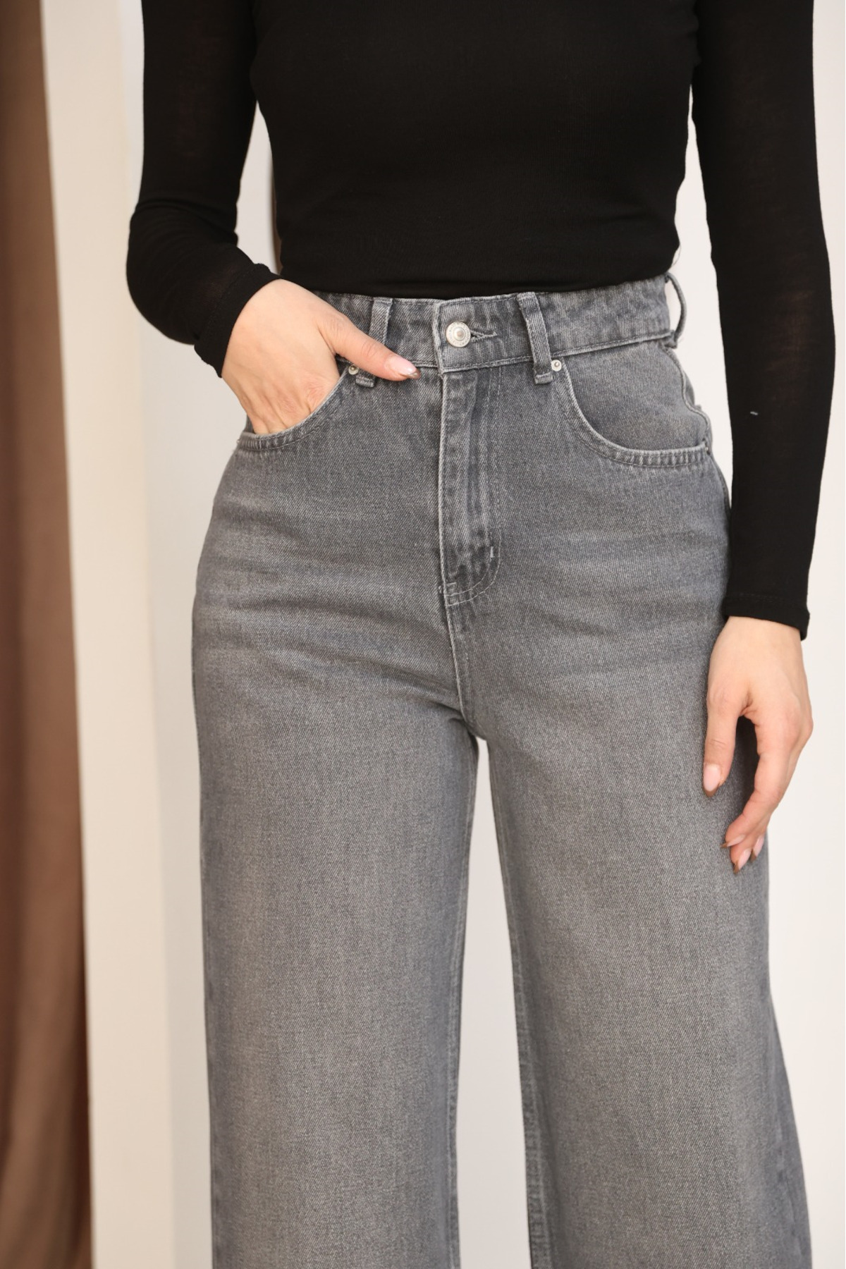 ceymoda  Kadın Yüksek Bel Yıkama Dökümlü Palazzo Jean Kot Pantolon - Görsel 3