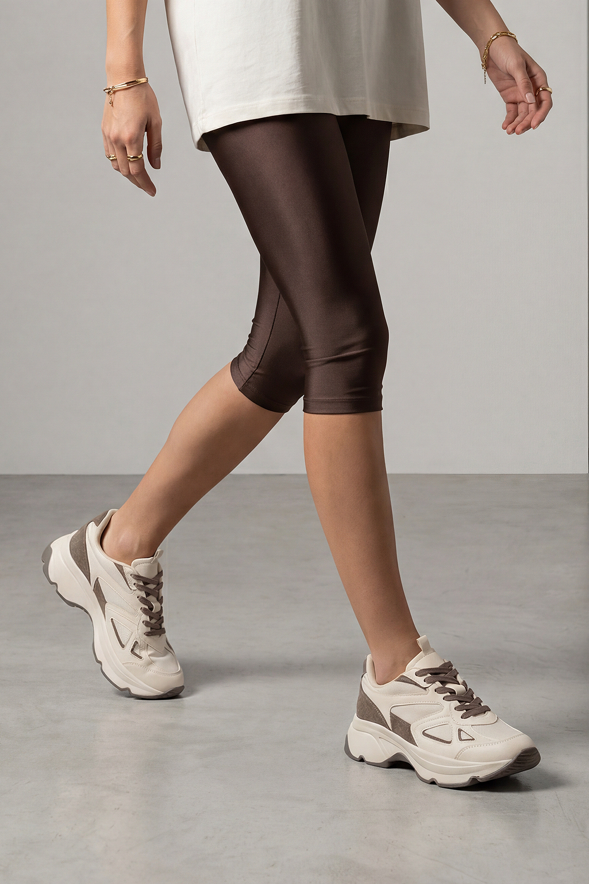 Marjin  Kadın Sneaker Yüksek Kalın Taban Çok Parçalı Bağcıklı Spor Ayakkabı Vader Ekru - Görsel 6