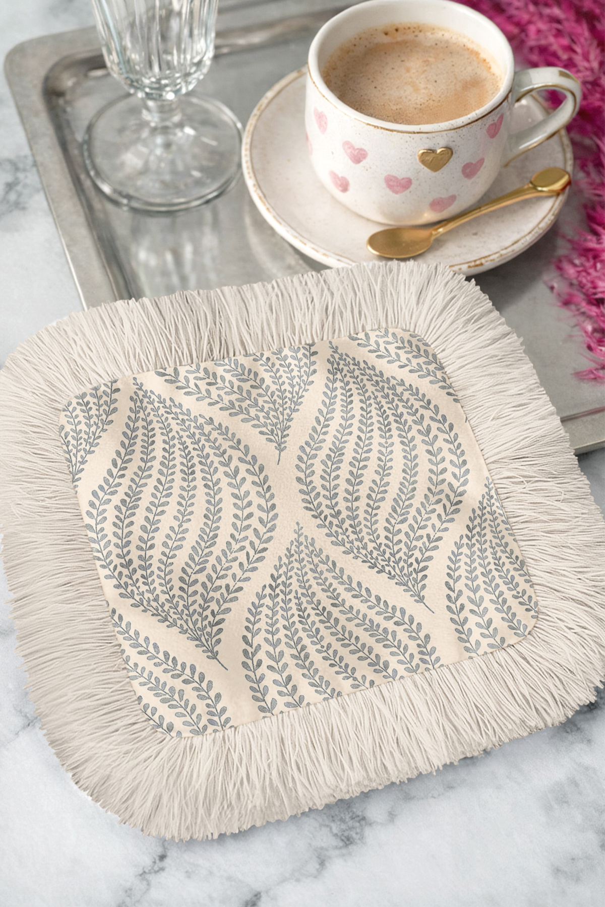 Tasseled Serving Napkin with Elegant Leaf Motif - Vintage Elegance Beige Grey Rustic Coaster Handkerchief