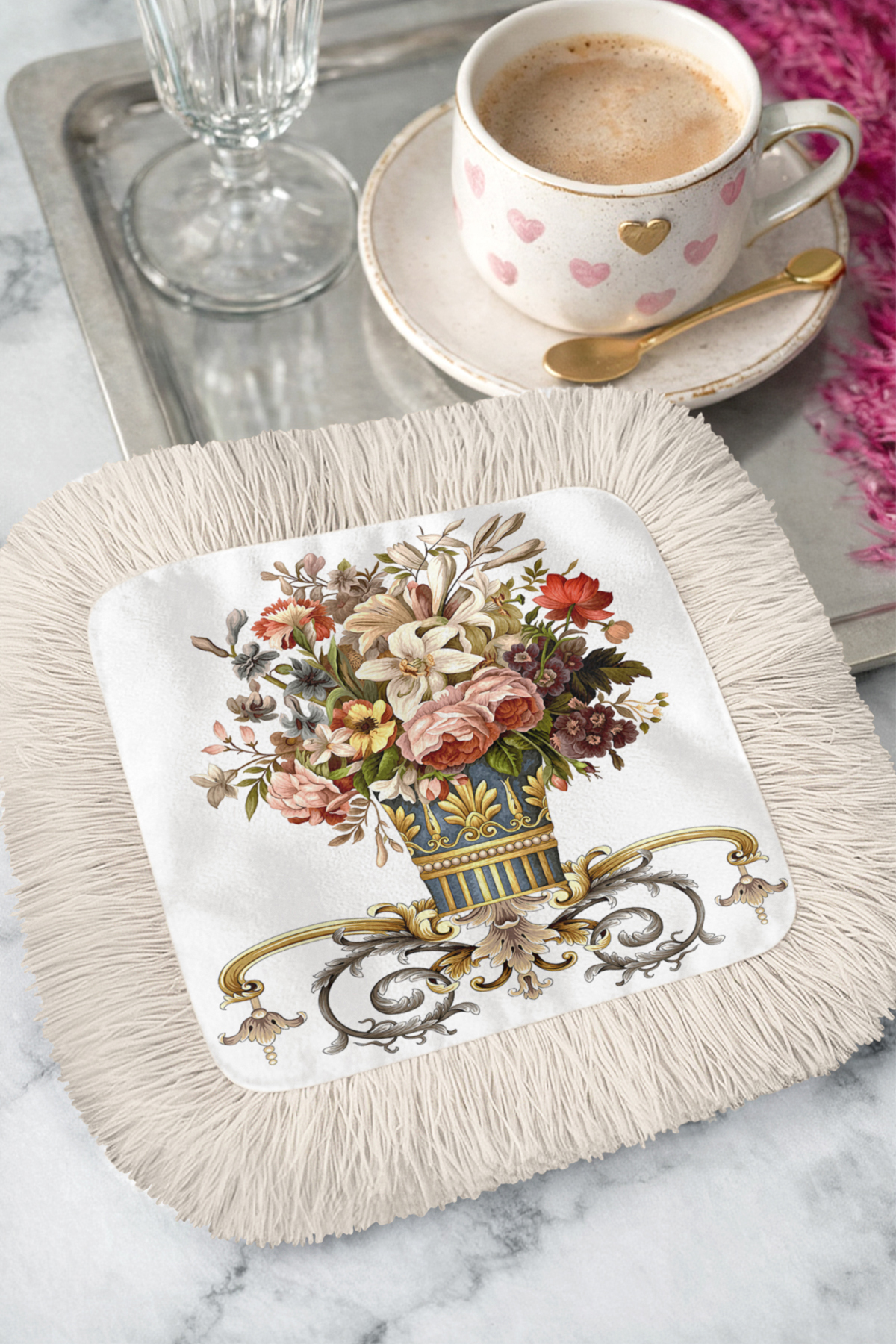 Baroque Flower Vase Pattern Fringed Serving Napkin - Elegant Vintage Coaster Handkerchief