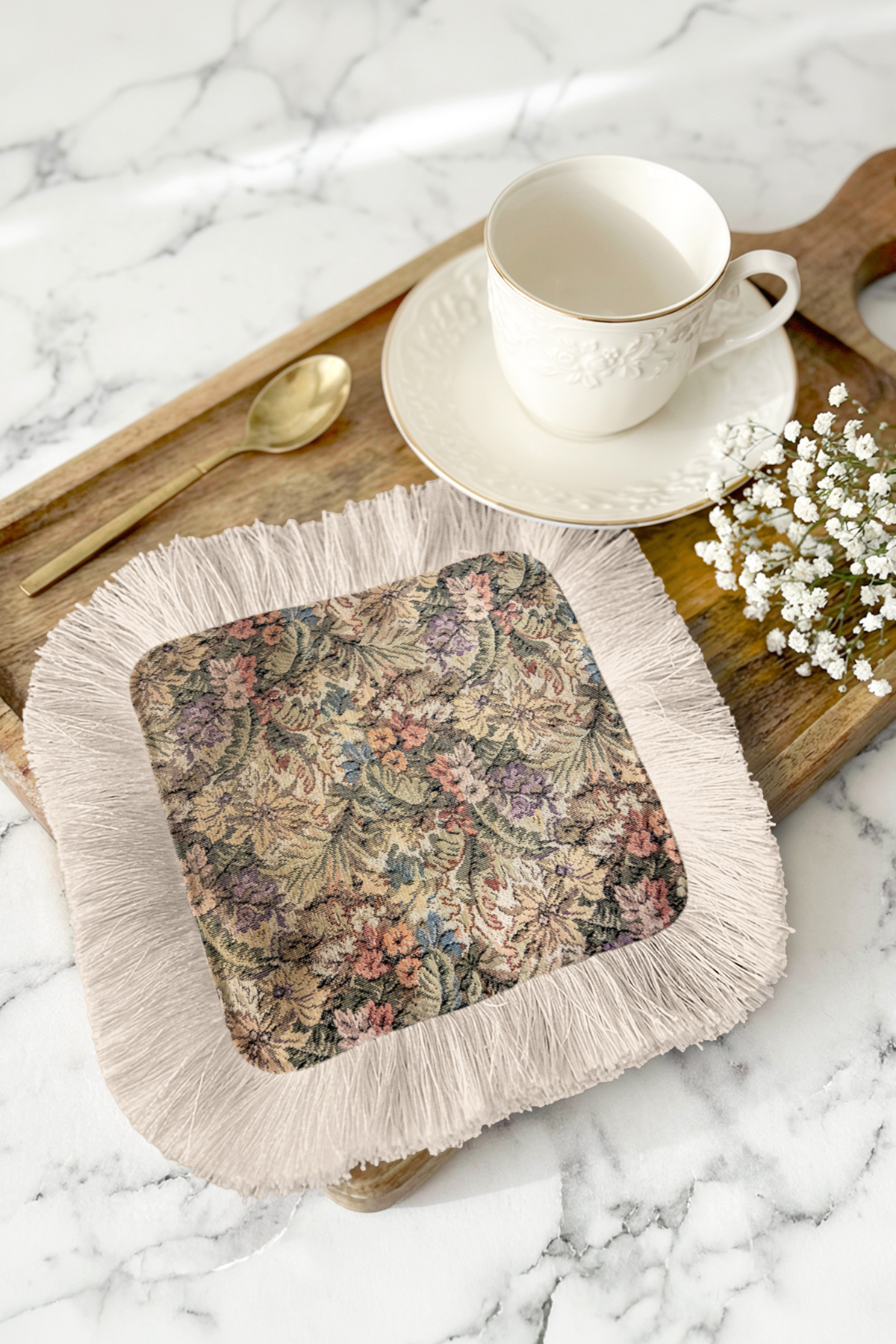 Elegant Vintage Flower Fringed Coffee Side Display Napkin-Bohemian Cream Powder Coaster Presentation Wipes