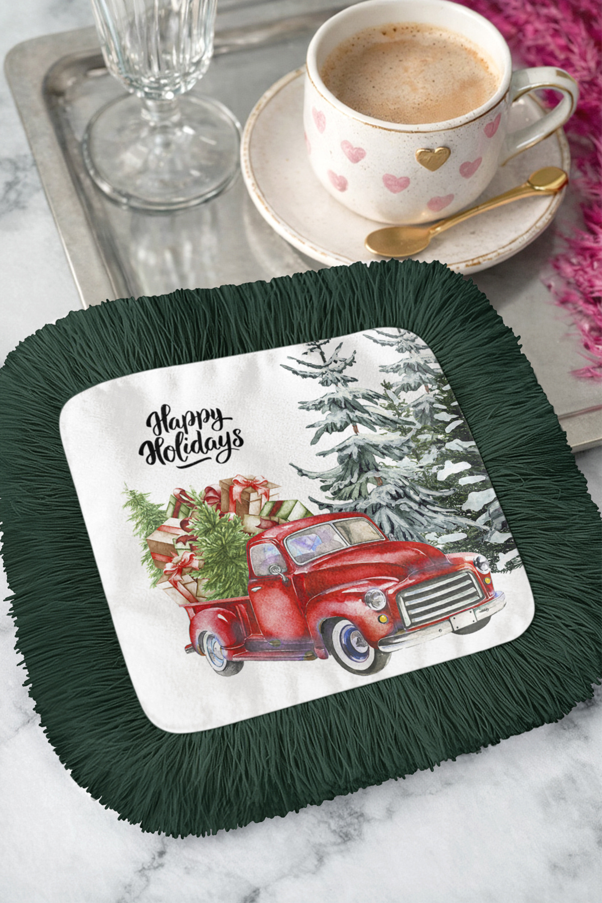 Christmas Trolley Fringed Serving Napkin - Christmas Pine Tree Rustic Dark Green Coaster Handkerchief