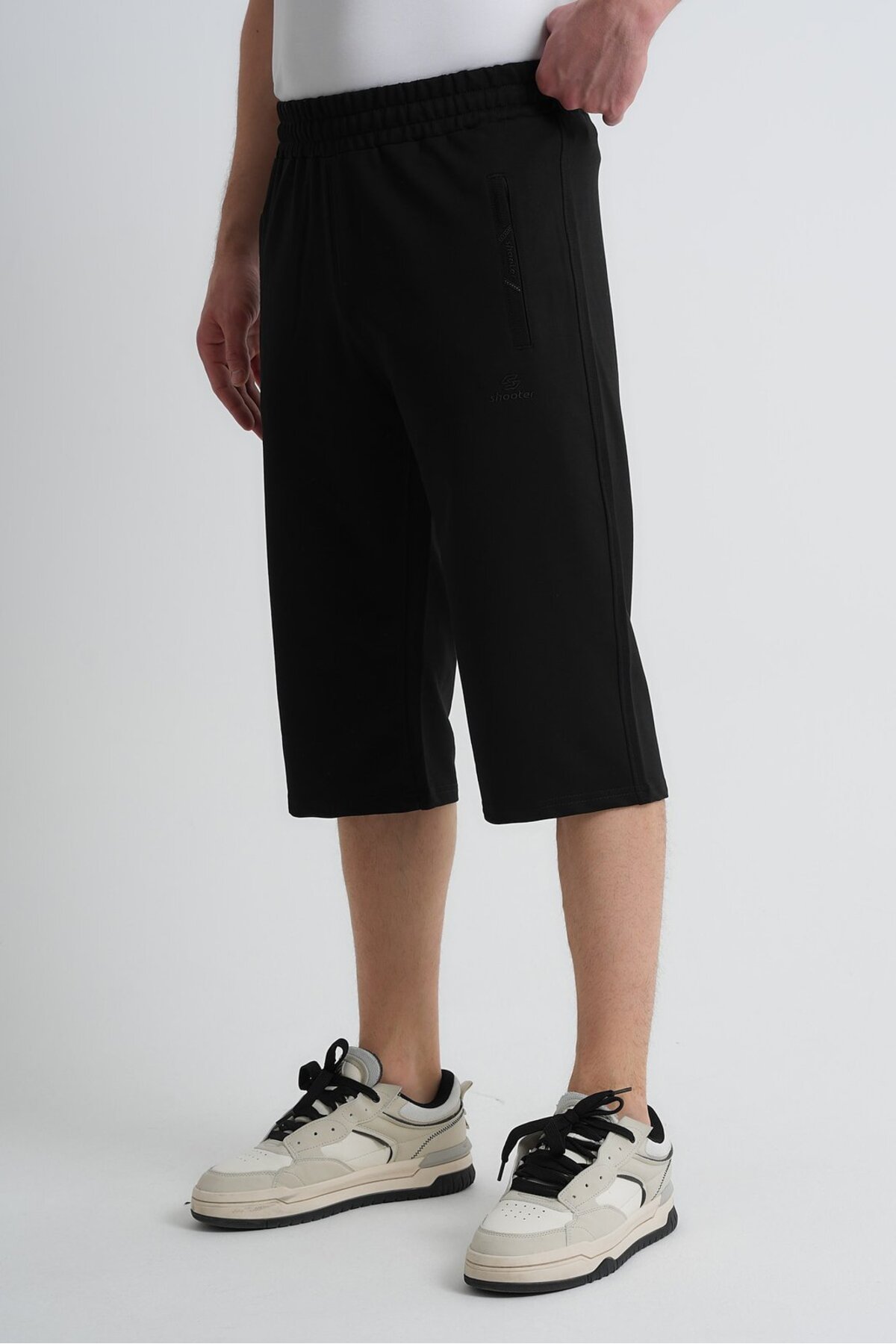 Shooter Sportswear Black Men's Summer Capri Pants, Comfortable Fit, Zipper Pocket, Elastic Waist, Adjustable Zipper Pocket