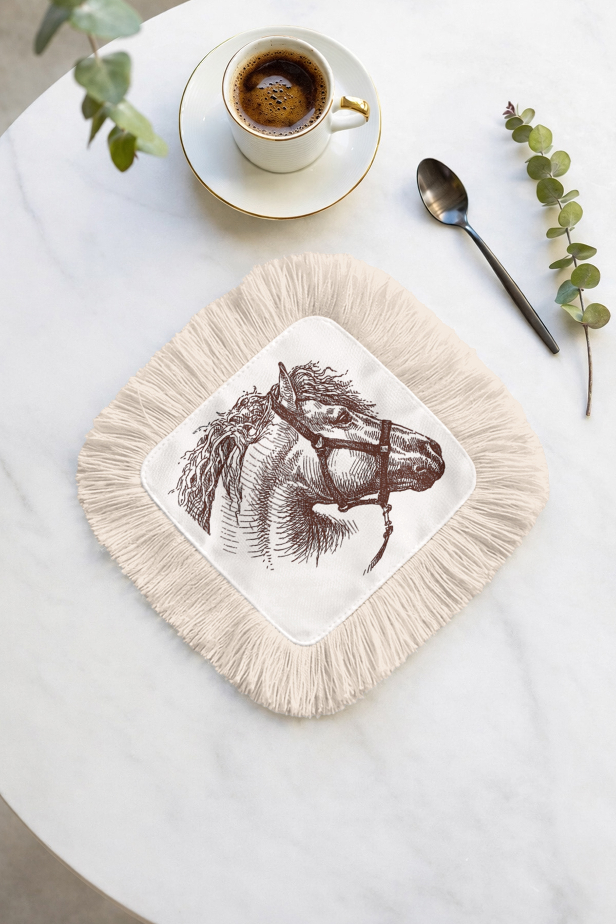 Horse Pattern Fringed Serving Napkin-Elegant Classic Country Brown Cream Coaster Serving Wipes