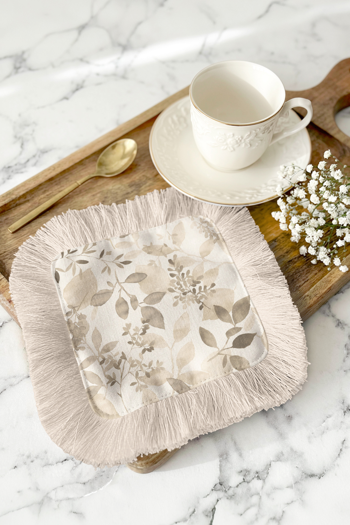 Elegant Natural Leaves Fringed Serving Napkin-Minimalist Bohemian Cream Beige Coaster Serving Wipes
