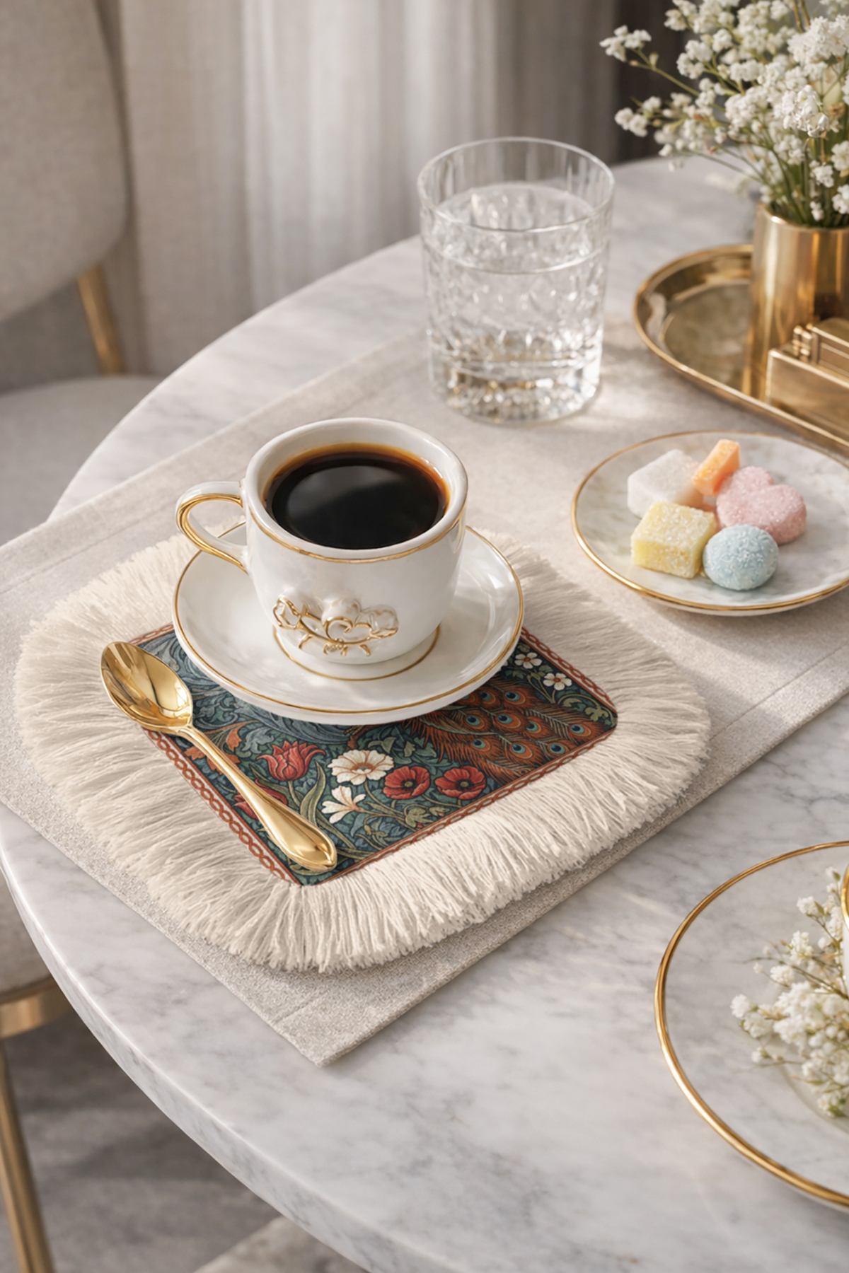 Elegant Peacock Pattern Fringed Serving Napkin - Victorian Green Red Cream Coaster Handkerchief