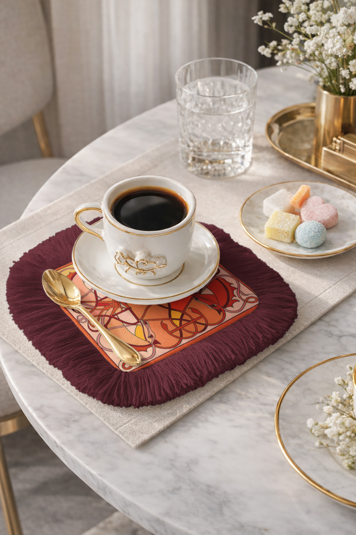 Palace Horse Pattern Fringed Serving Napkin - Stylish Bohemian Red Orange Burgundy Coaster Handkerchief