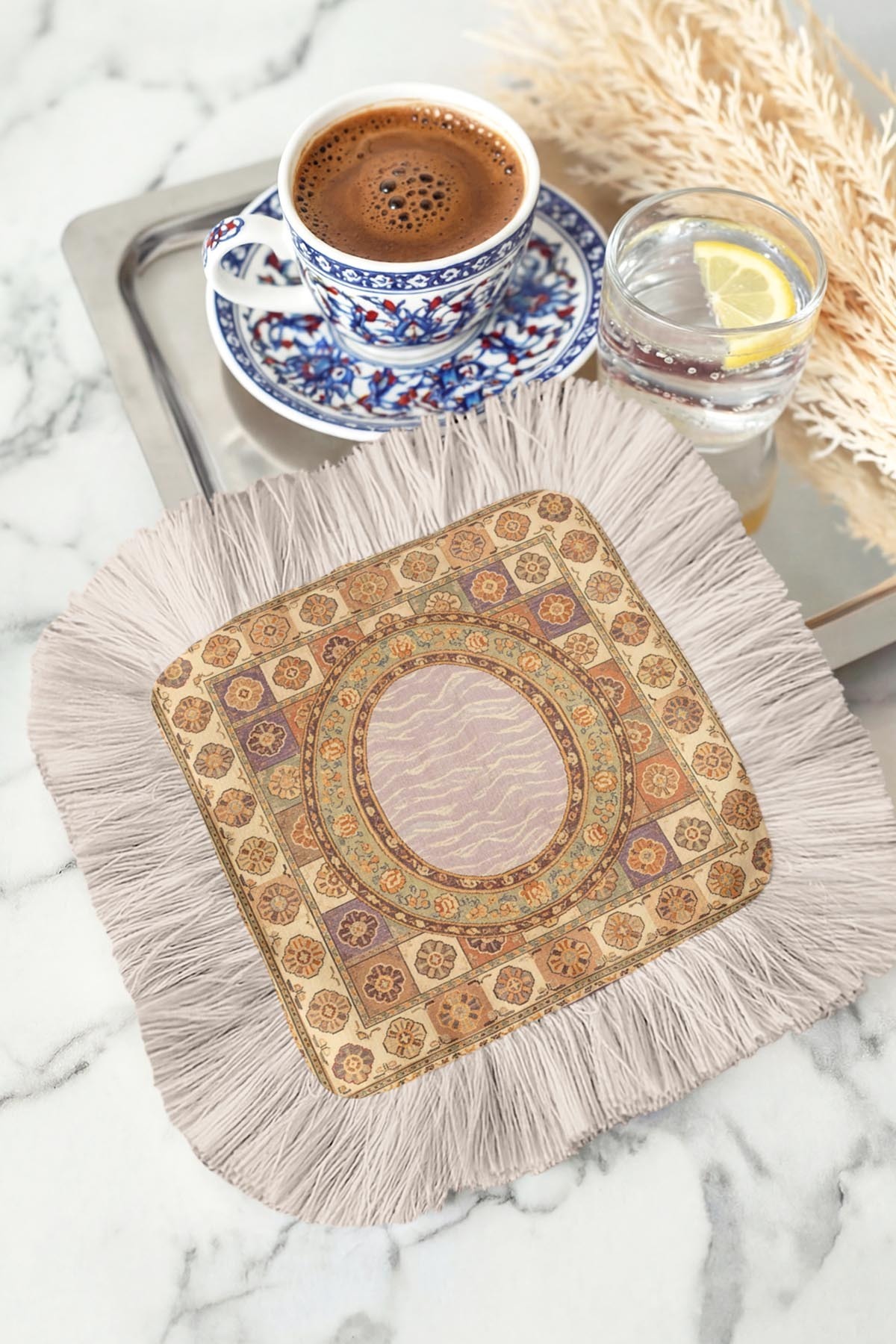 Ottoman Palace Patterned Serving Napkin with Fringe -Classic Lilac Gold Coaster Serving Wipes