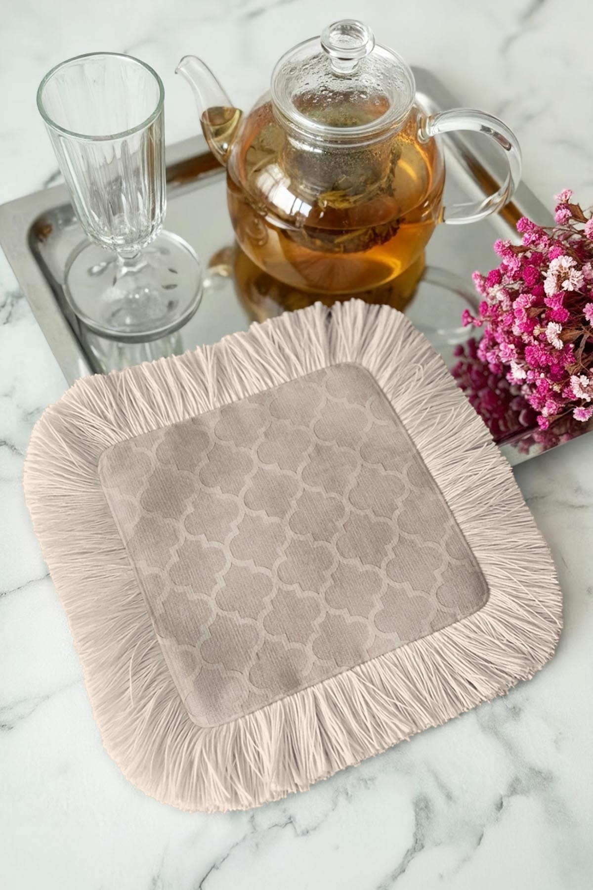 Elegant Classic Islamic Patterned Fringed Presentation Decoration Handkerchief-Minimalist Modern Beige Coffee Side Napkin