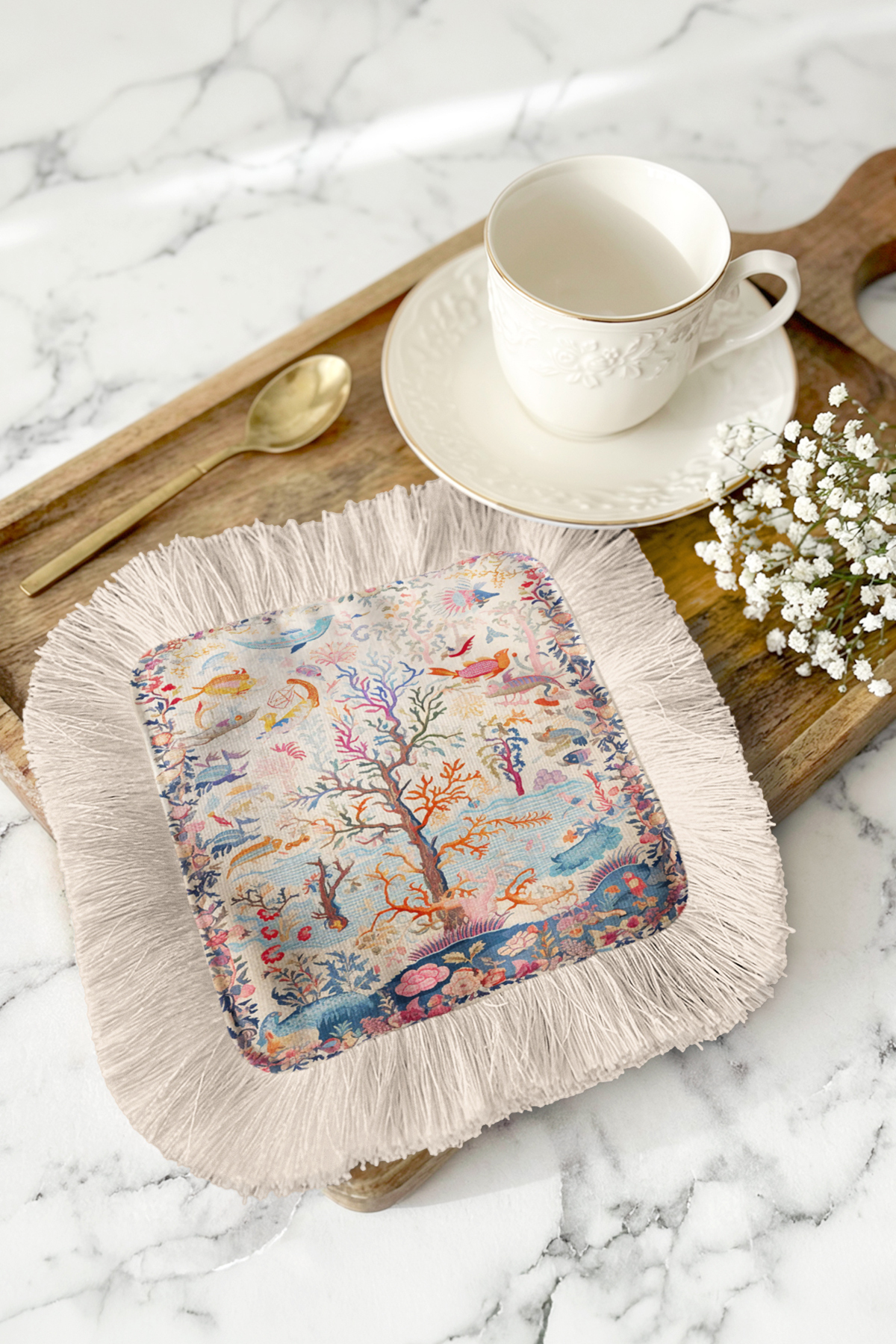 Palace Garden Stylish Serving Tissue with Fringe - Artistic Bohemian Blue Salmon Cream Under Coffee Tray Napkin