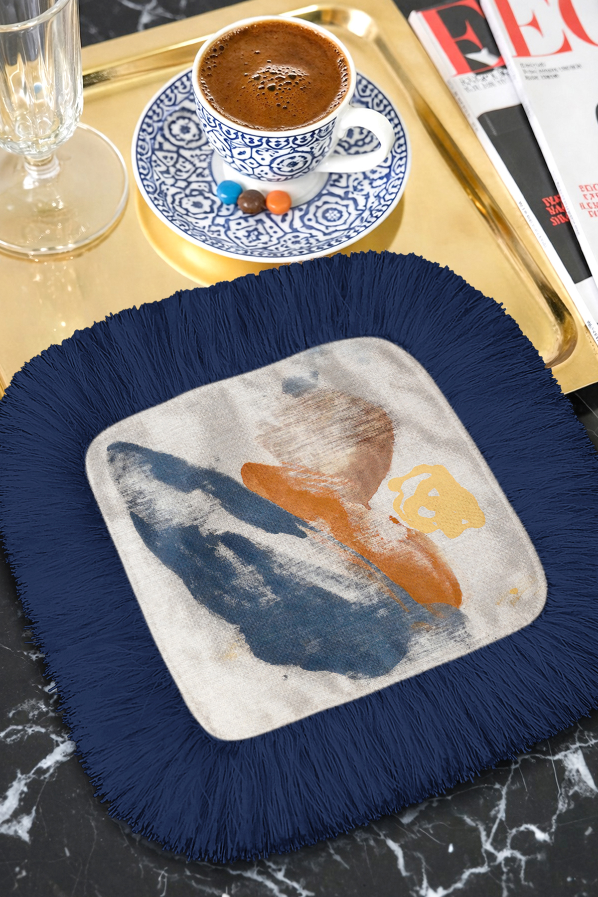 Artistic Luxury Coffee Side Display Napkin with Fringe -Abstract Modern Navy Blue Orange Coaster Handkerchief