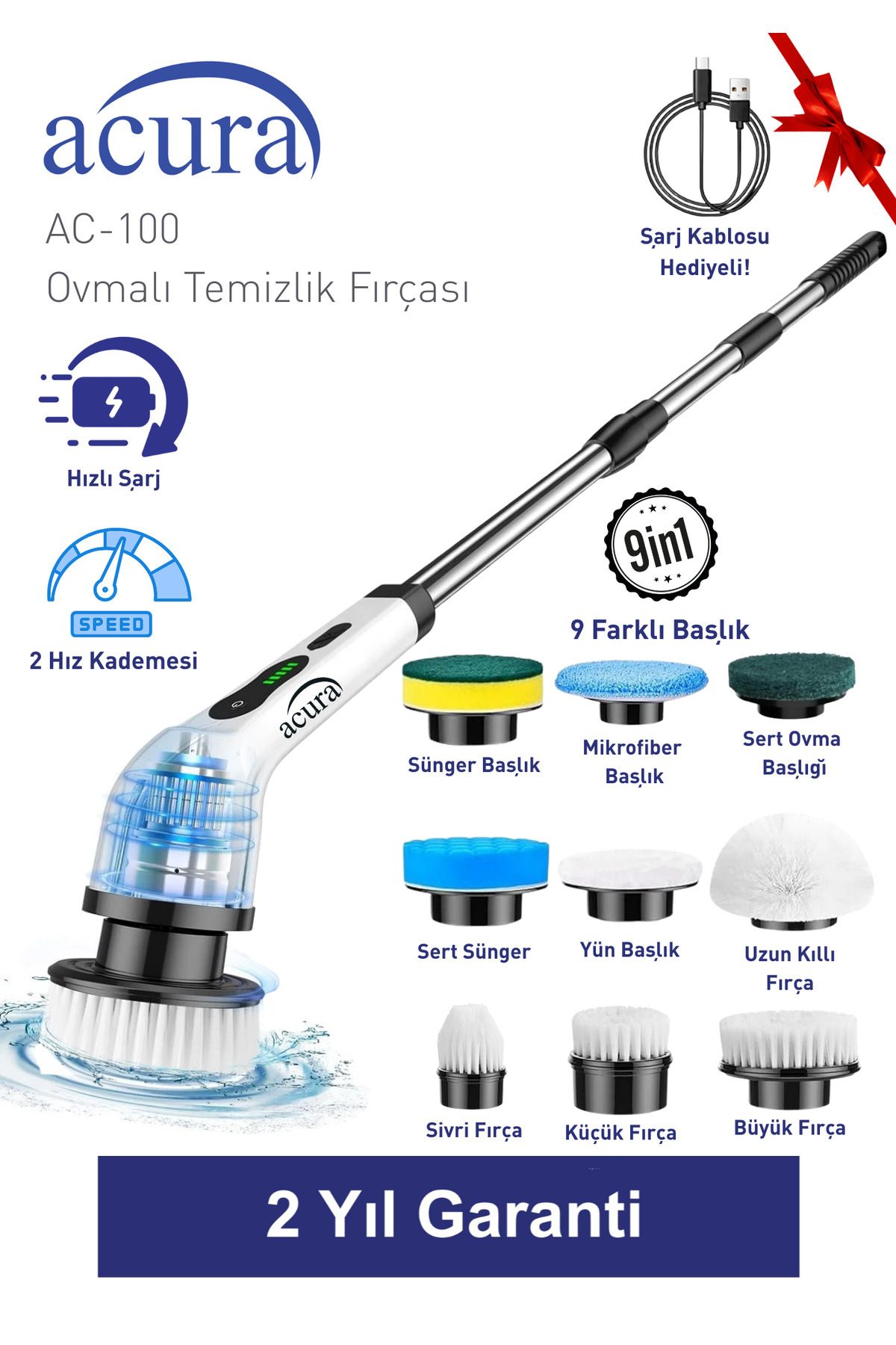 Acura AC-100 SpinScrubber 9 Başlıklı Şarjlı Temizlik Fırçası - Fiyatı, Yorumları