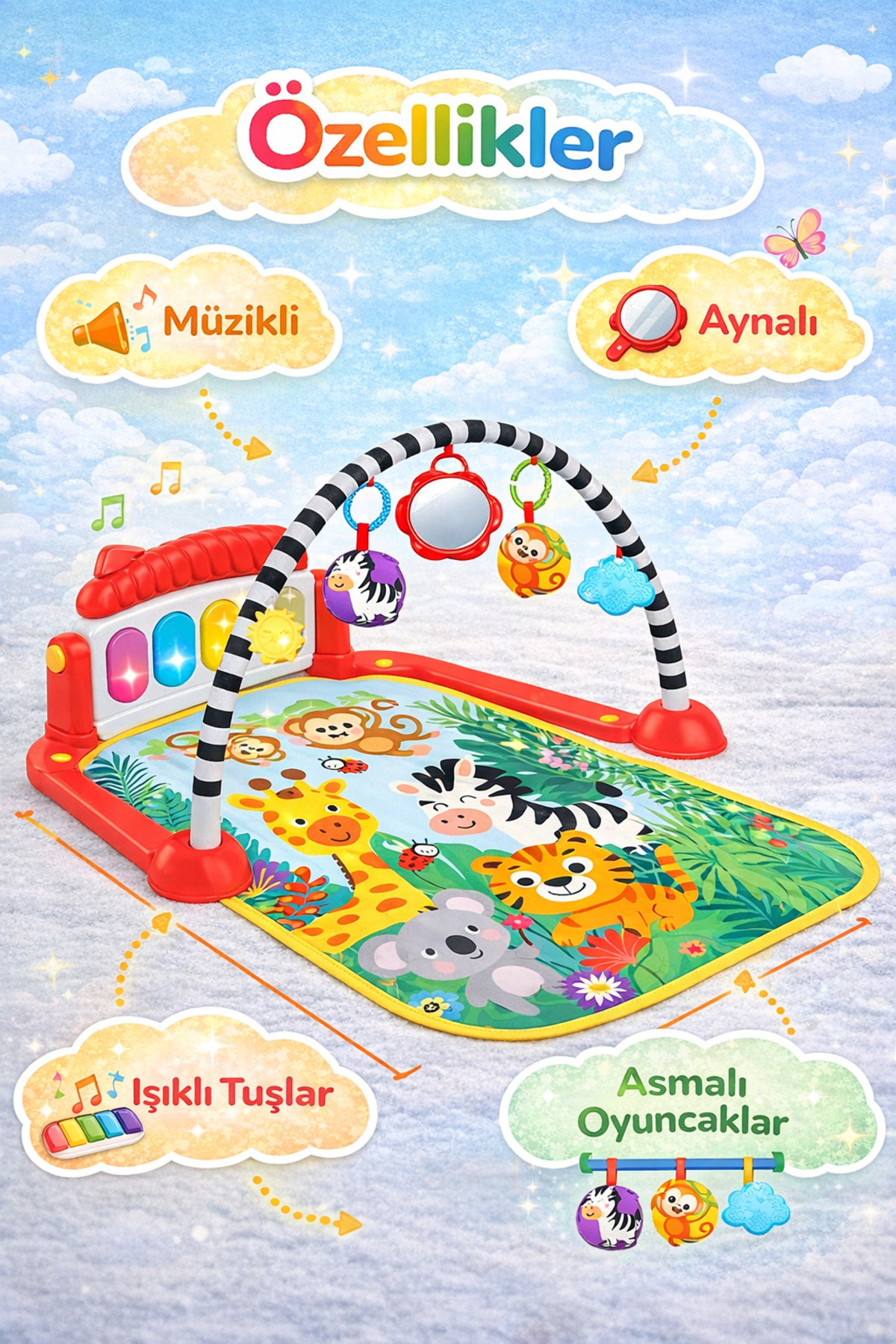 babydoor Safari Piyanolu Desenli Bebek Oyun Halısı 0+Ay Sevimli Hayvan Figürlü Işıklı ve Müzikli Gelişim Matı fotoğrafı 2 (önizleme)