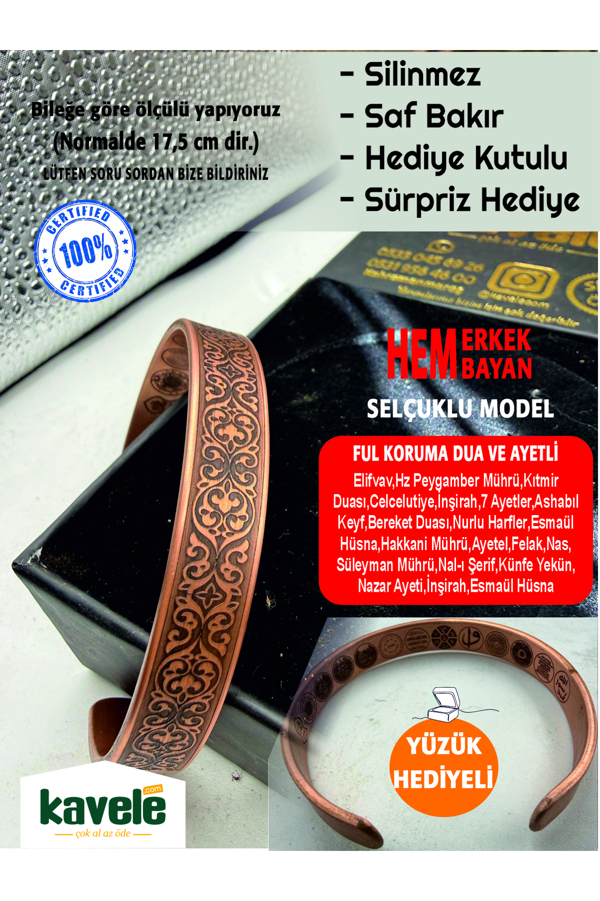 KAVELE Ham saf bakır Dışı Selçuklu İçi Ayetli Bileklik-Hediyelik Kutuda-Ayetel Kürsi,Felak,Nas,Nazar ve