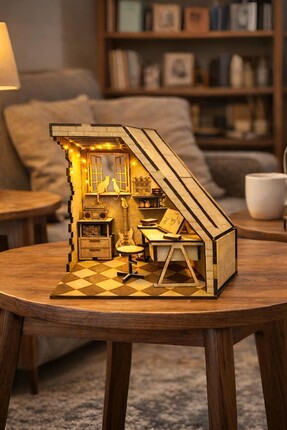 ALGWOOD Ahşap Çatı Katı Miniyatür Maket Seti – Peri Led Işıklı Dekoratif Hobi...