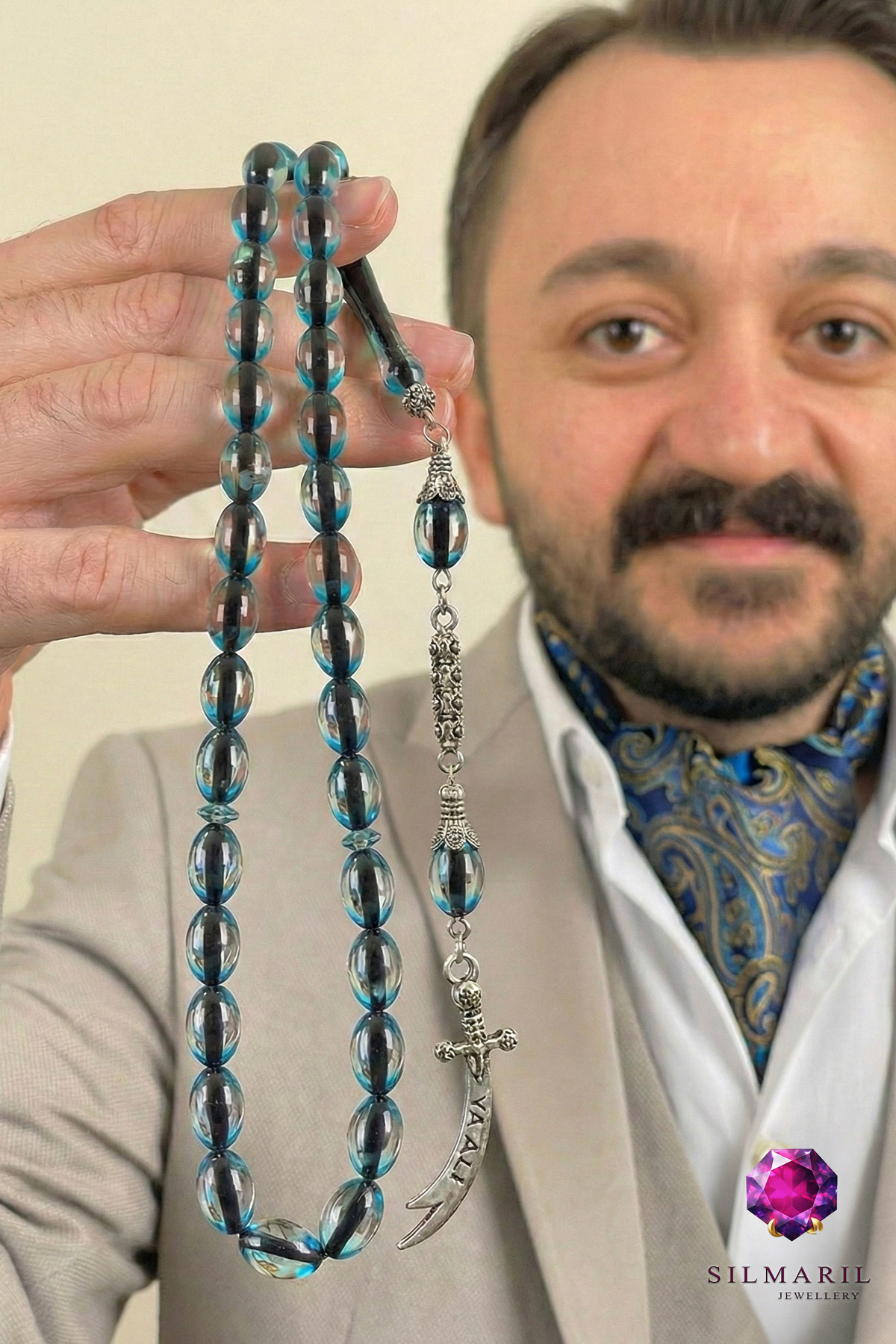 YA ALİ Yazılı Zülfikar Püsküllü Sürmeli Kehribar Tespih – Premium Erkek Tesbih Lüks Hediye