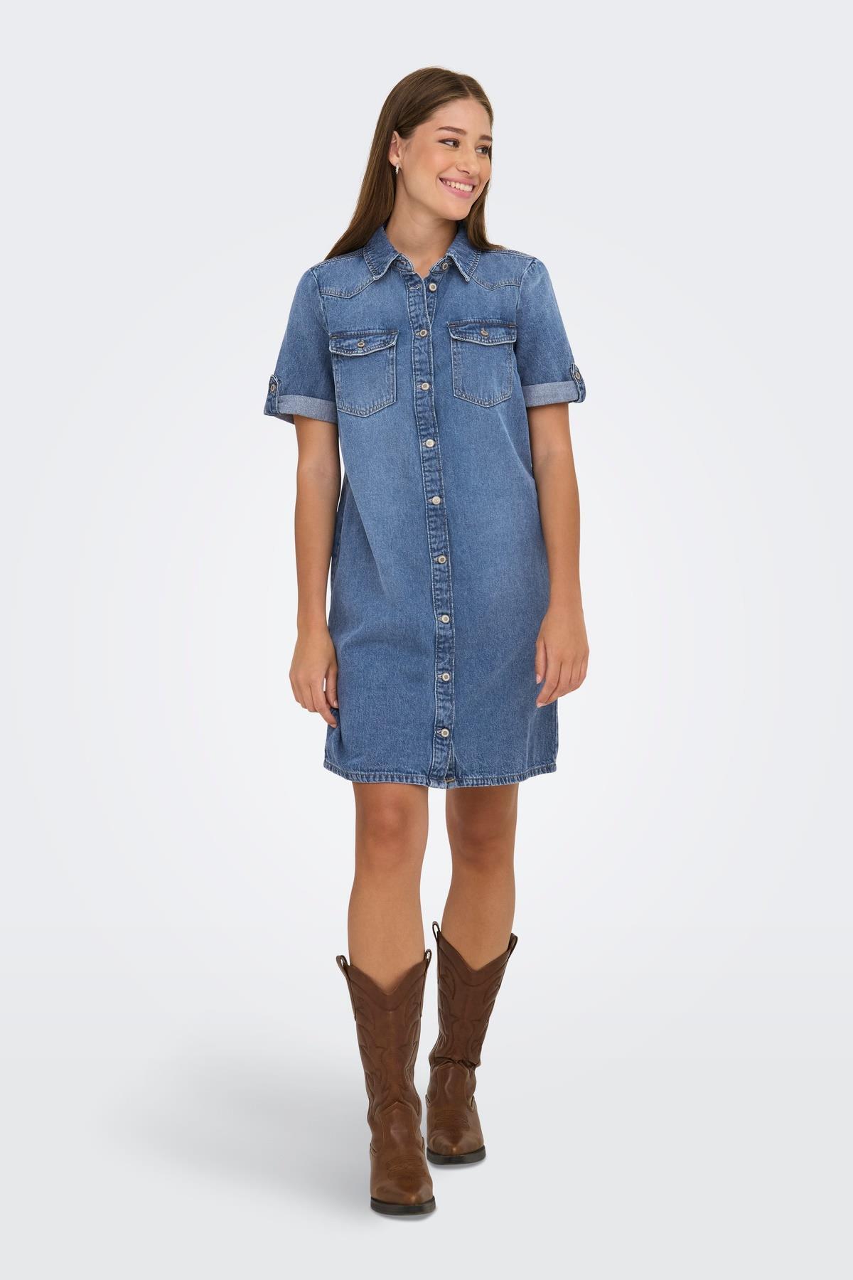 ONLY  ONLLISA Kadın Kot Elbise Kısa Kollu Günlük - Görsel 6