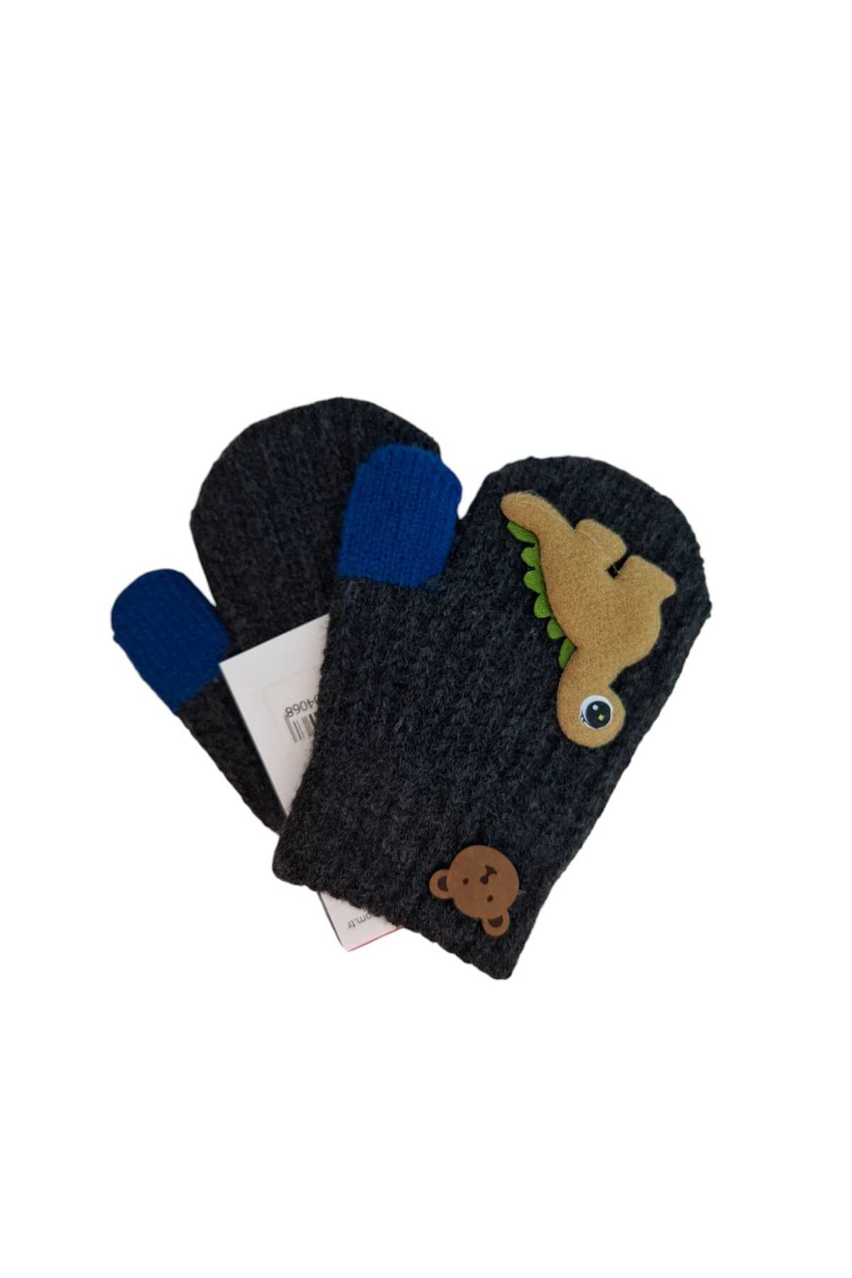 Kitti Spteks 1-3 Yaş Erkek Bebe Çocuk Siyah Renk Sevimli Dinozor Figürlü Kışlık Örme Eldiven fotoğrafı 4 (önizleme)