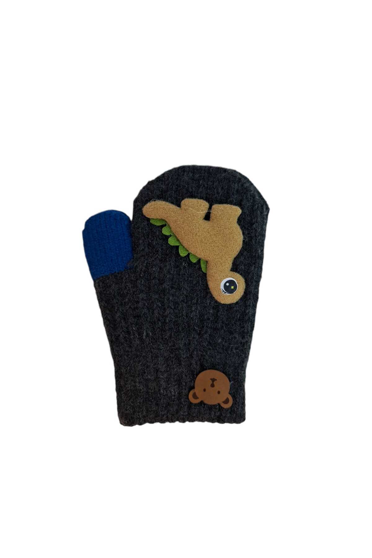 Kitti Spteks 1-3 Yaş Erkek Bebe Çocuk Siyah Renk Sevimli Dinozor Figürlü Kışlık Örme Eldiven fotoğrafı 2 (önizleme)