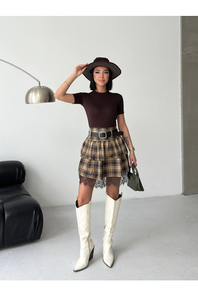ceymoda Kadın Dantel Detaylı Kemerli Mini Ekose Etek