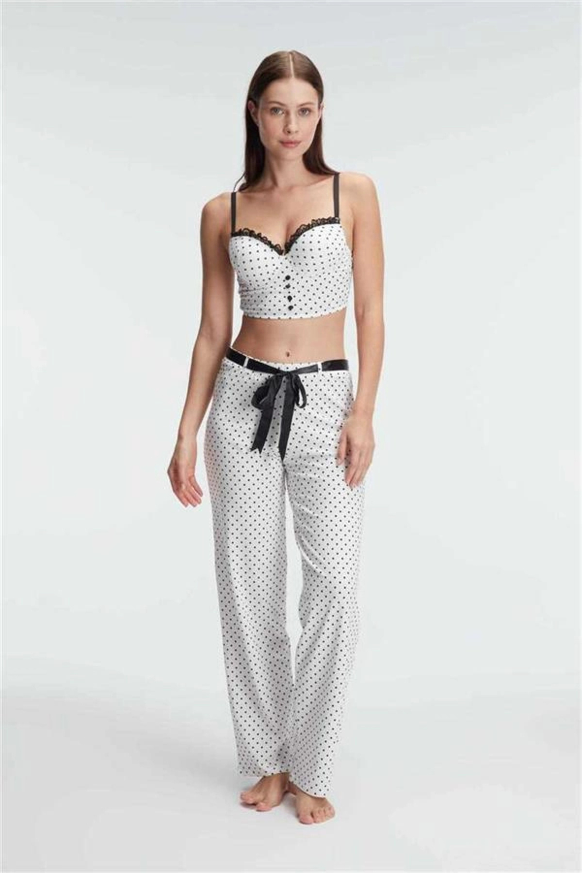 Secretsita Fantezi Bralet Sütyen Pamuklu Puantiye Desenli Desteksiz Dantel Detaylı Pijama Takımı