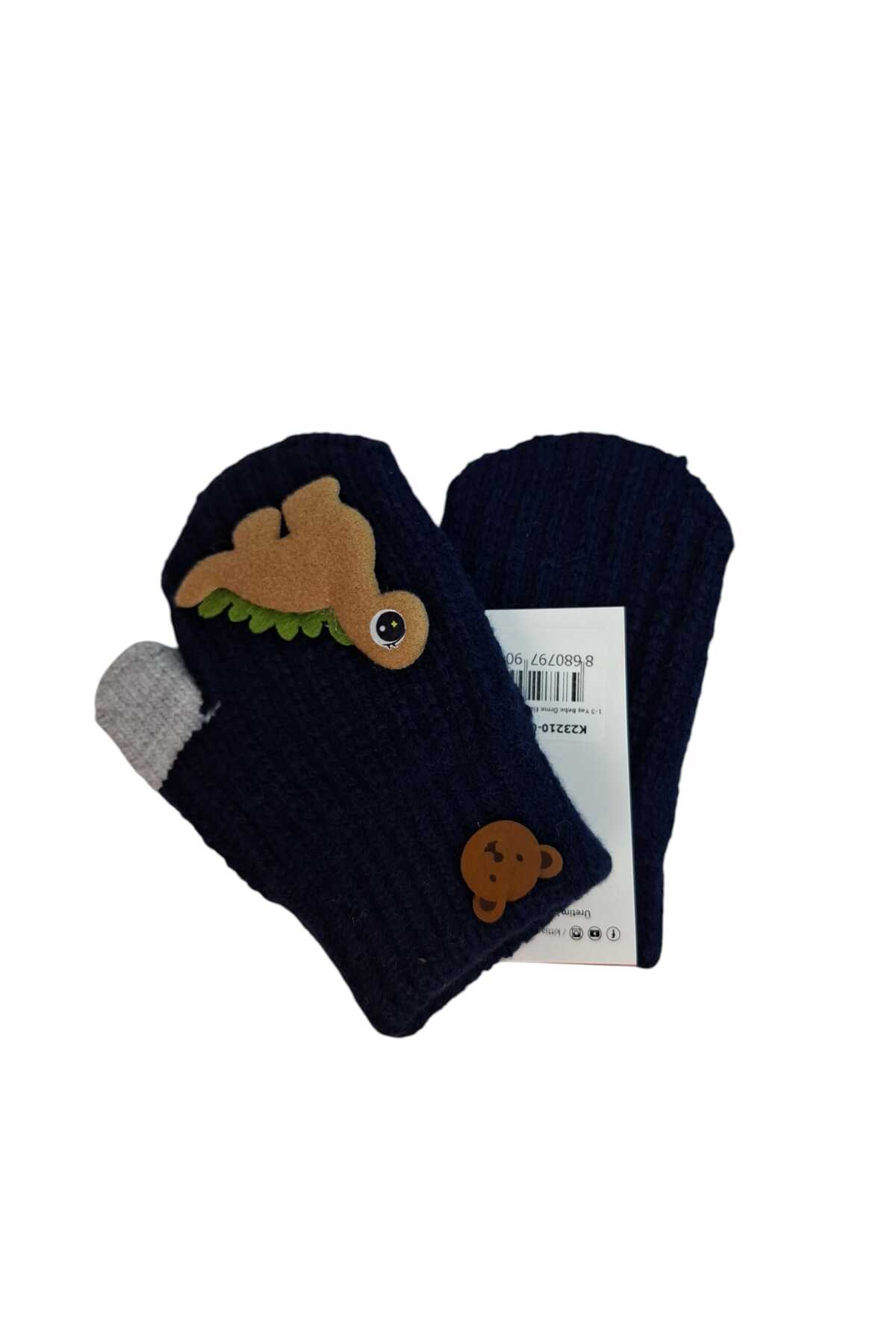 Kitti Spteks 1-3 Yaş Erkek Bebe Çocuk Lacivert Renk Sevimli Dinozor Figürlü Kışlık Örme Eldiven fotoğrafı 2 (önizleme)