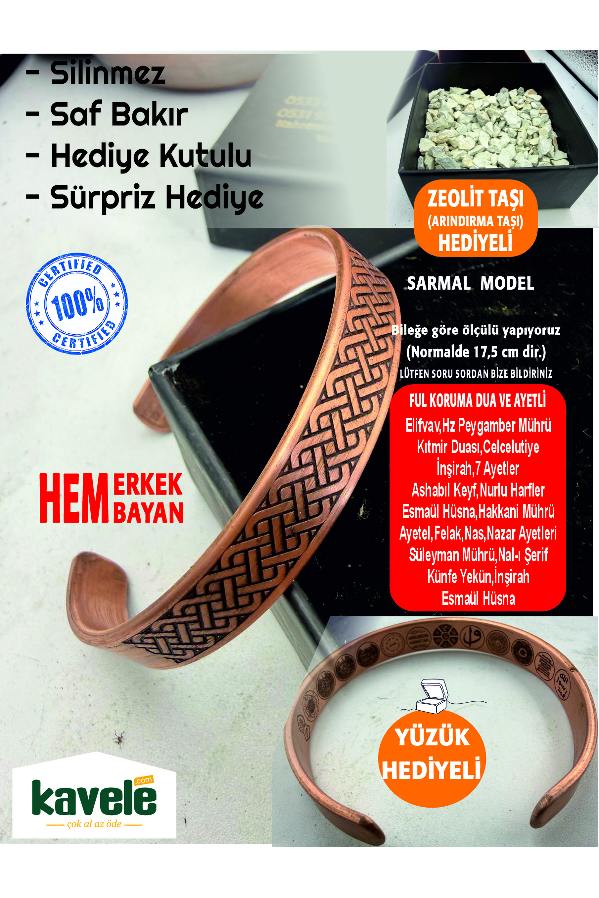 Ham saf bakır Dışı Sarmal İçi Ayetli Bakır Bileklik-Hediyelik Kutuda-Ayetel Kürsi,Felak,Nas,Nazar ve