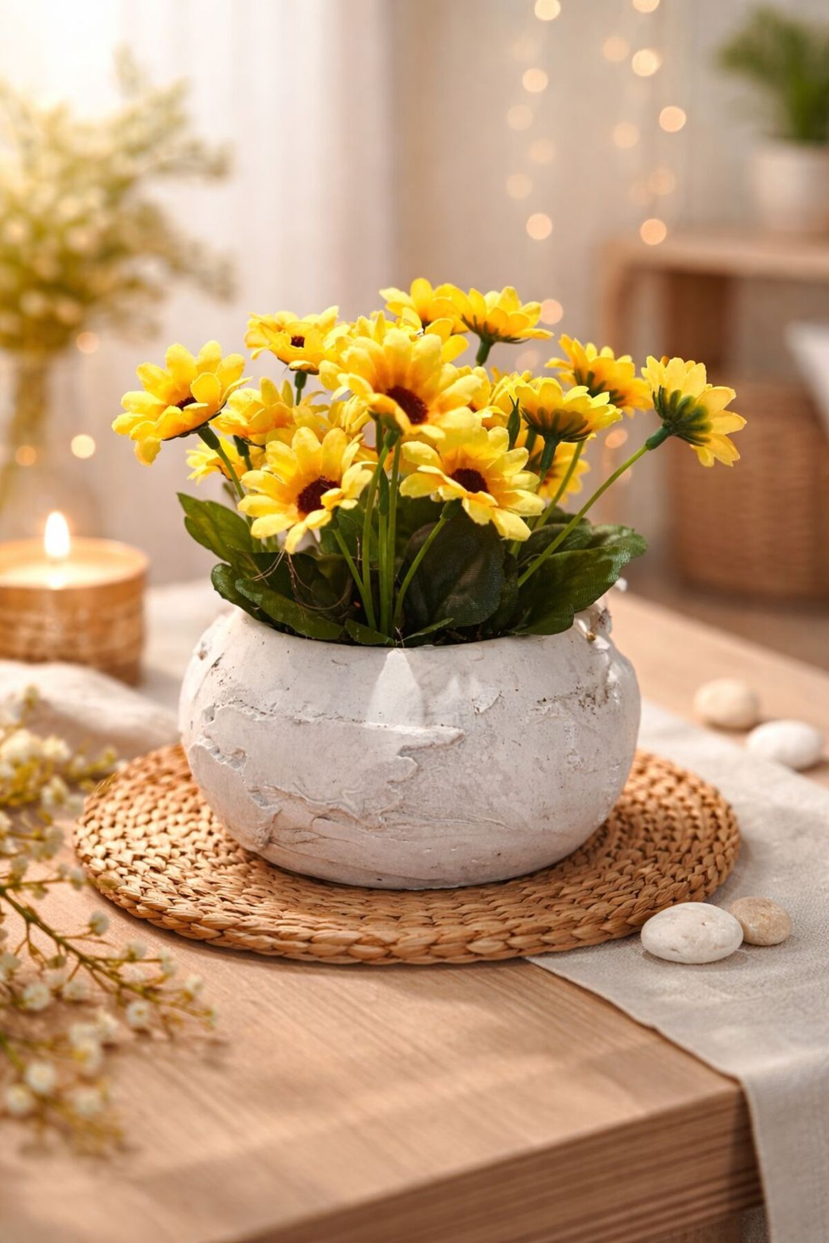 Yellow Daisy Artificial Flower in Concrete Flower Pot – Decorative Table Top Home & Office Flower