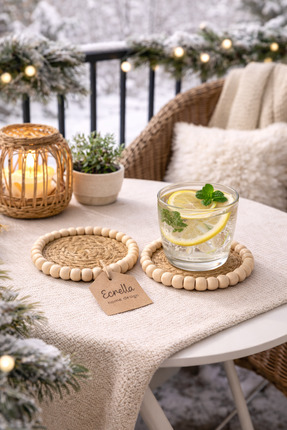 ecrella Home Design 2’li Hasır Ahşap Boncuklu Bardak Altlığı – Doğal Jüt Supl...