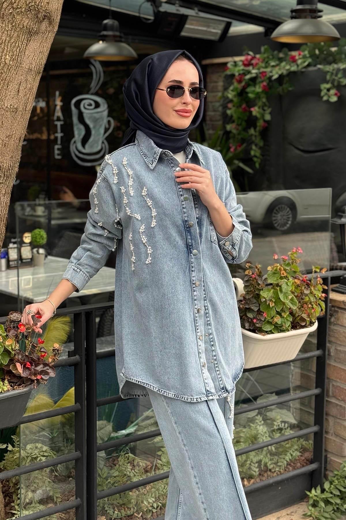 Moodbasic İncili Pantolonlu Denim Takım MB24.756 Açık Mavi görsel 3