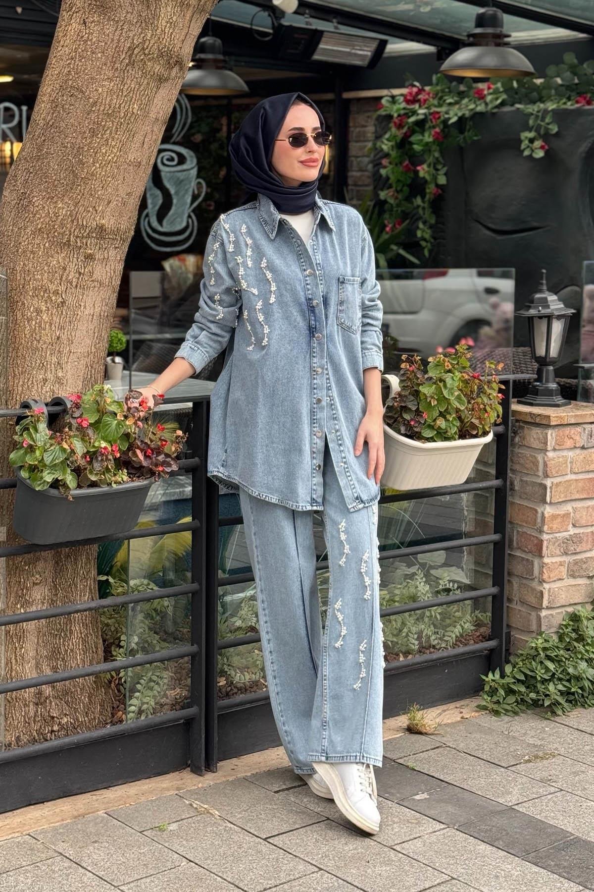 Moodbasic İncili Pantolonlu Denim Takım MB24.756 Açık Mavi görsel 2